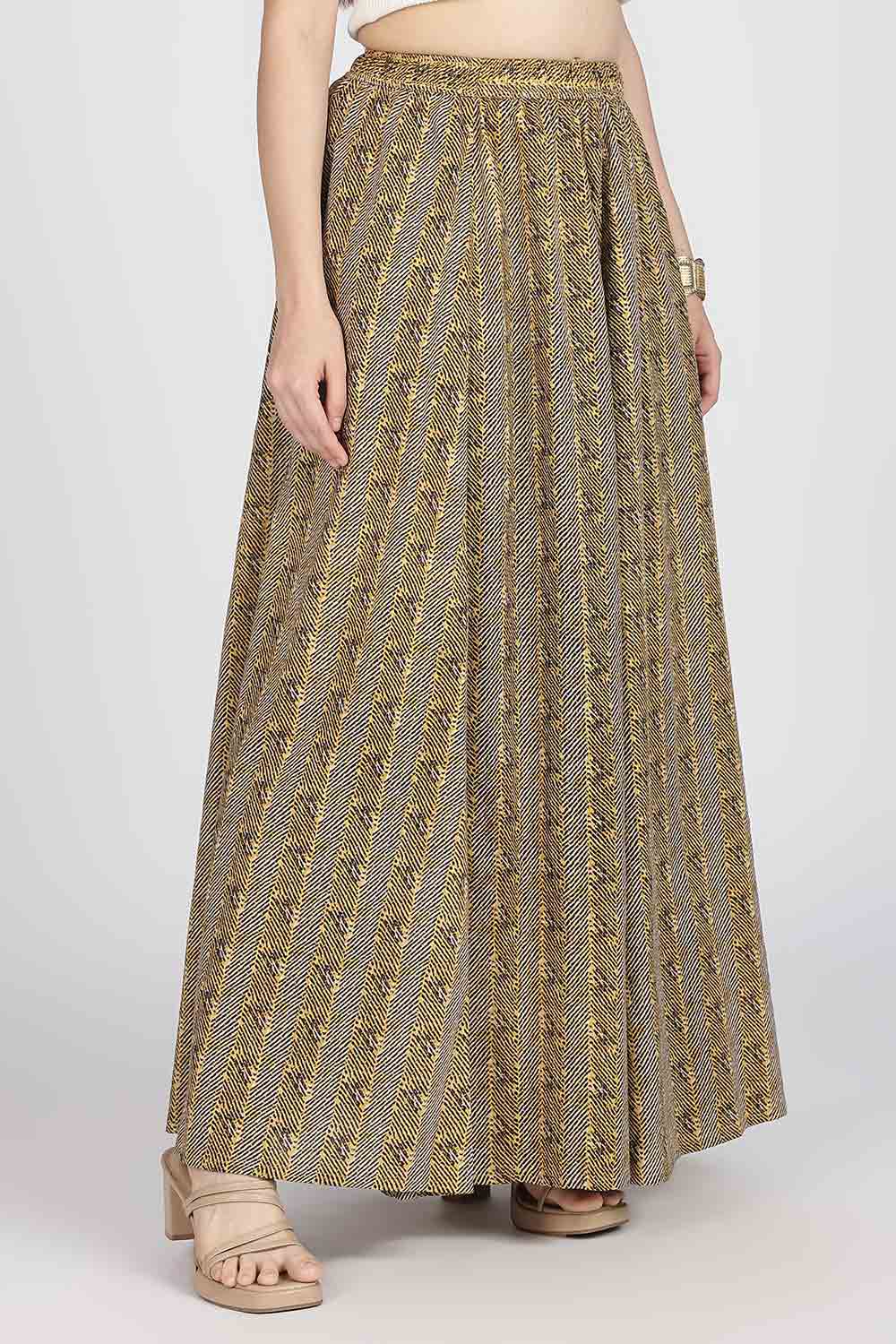 Mythri Women’s Cotton Blend Jaipur Print Skirt | Free Size Woven Full Skirt for Everyday Wear - Mustard - SK05