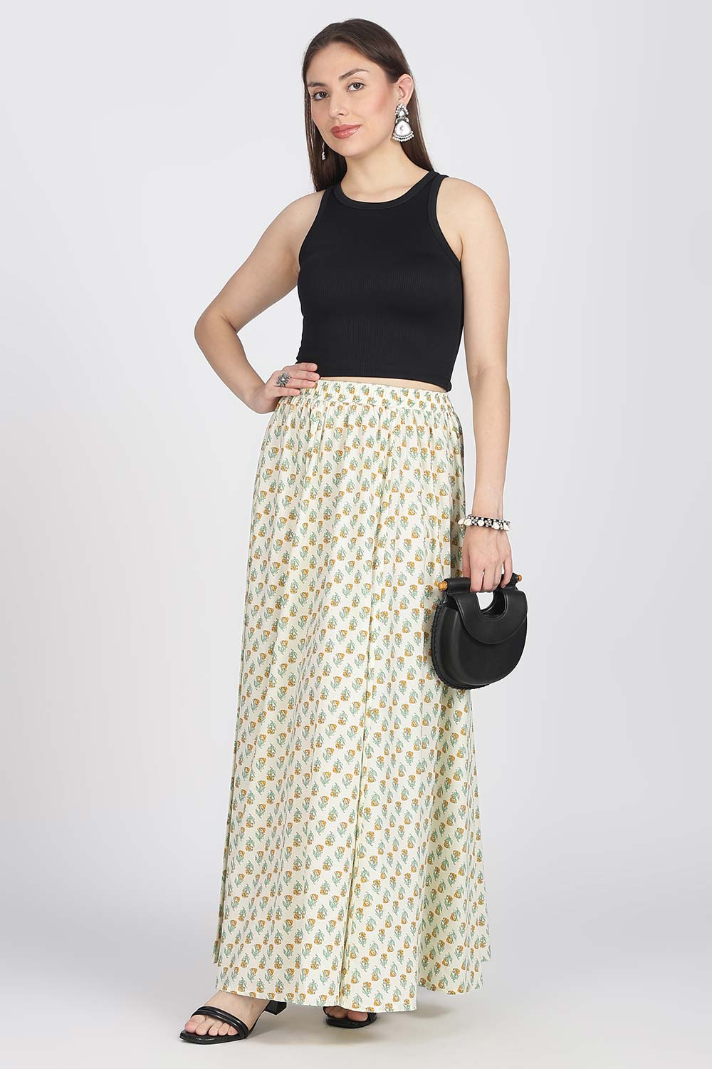 Mythri Women’s Cotton Blend Jaipur Print Skirt | Free Size Woven Full Skirt for Everyday Wear - Yellow - SK05