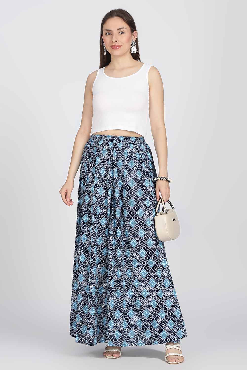 Mythri Women’s Cotton Blend Jaipur Print Skirt | Free Size Woven Full Skirt for Everyday Wear - Navy Blue - SK05