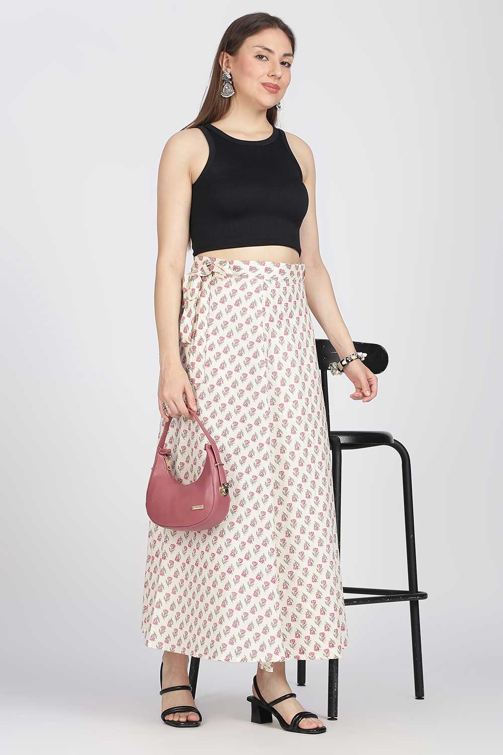 Mythri Women’s Cotton Blend Wrap Skirt with Tie Up Skirt | Free Size Regular Fit Woven Skirt for Daily Wear - Pink - SK07