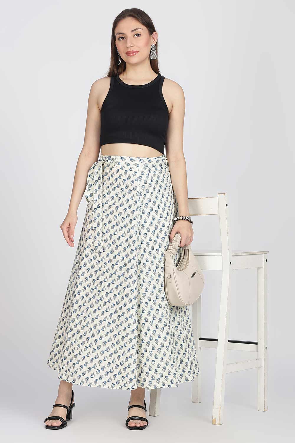 Mythri Women’s Cotton Blend Wrap Skirt with Tie Up Skirt | Free Size Regular Fit Woven Skirt for Daily Wear - Blue - SK07