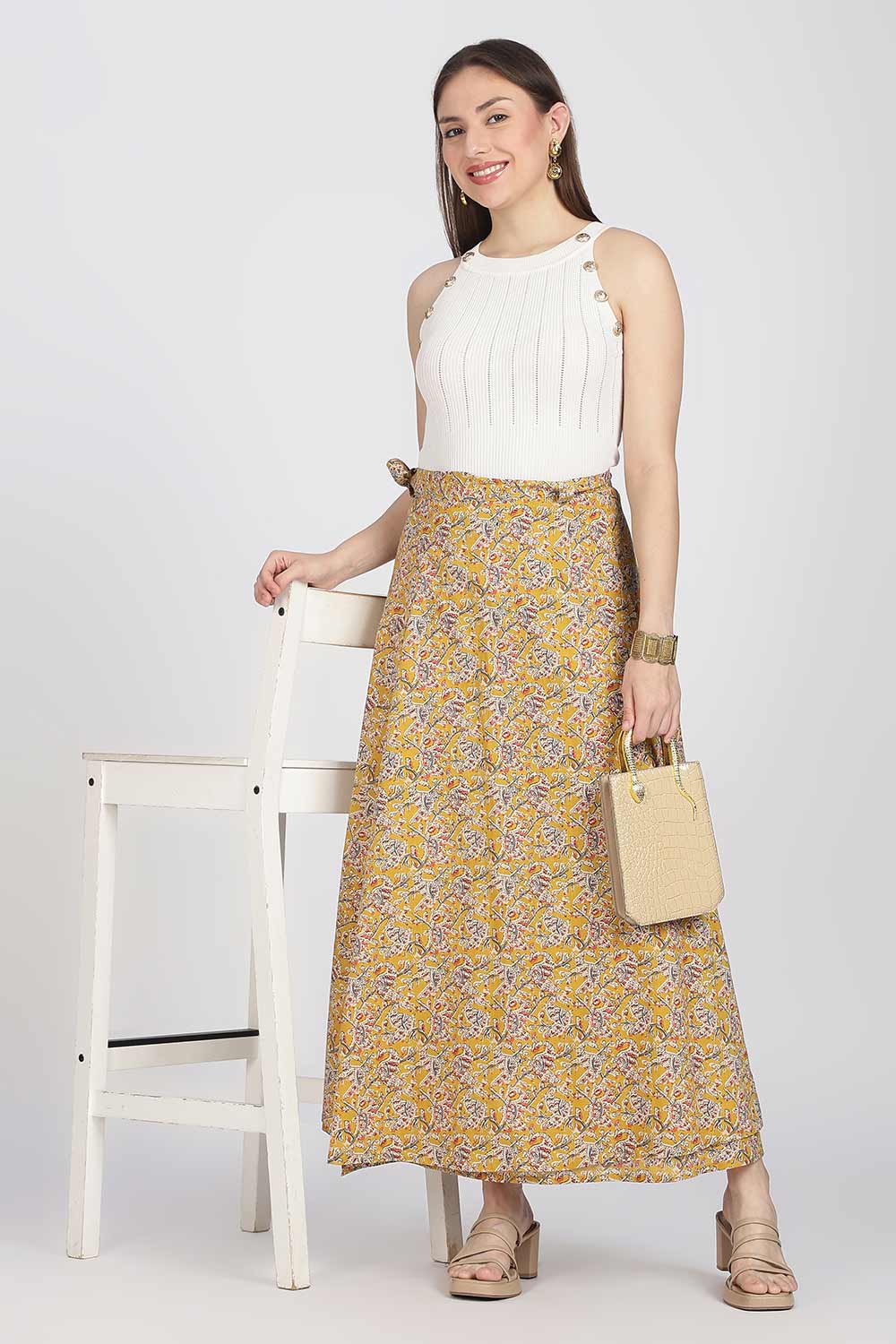 Mythri Women’s Cotton Blend Wrap Skirt with Tie Up Skirt | Free Size Regular Fit Woven Skirt for Daily Wear - Yellow - SK07