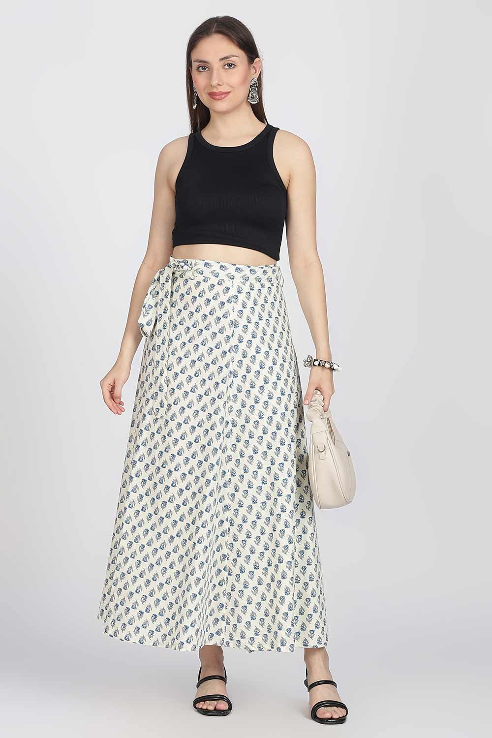 Mythri Women’s Cotton Blend Wrap Skirt with Tie Up Skirt | Free Size Regular Fit Woven Skirt for Daily Wear - Blue - SK07