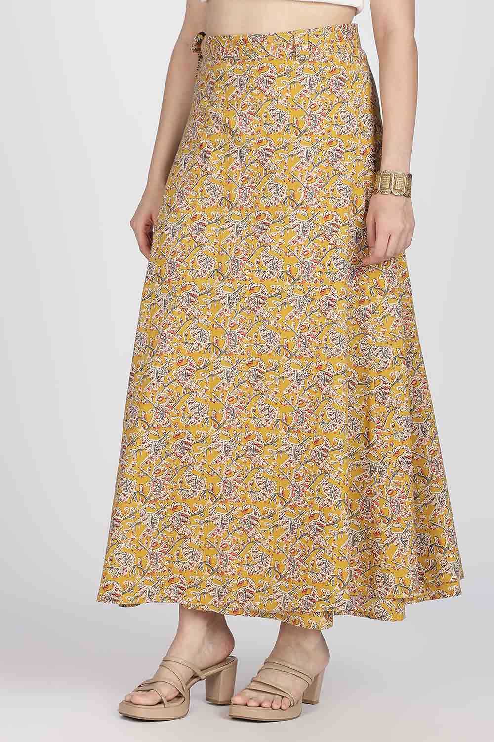 Mythri Women’s Cotton Blend Wrap Skirt with Tie Up Skirt | Free Size Regular Fit Woven Skirt for Daily Wear - Yellow - SK07