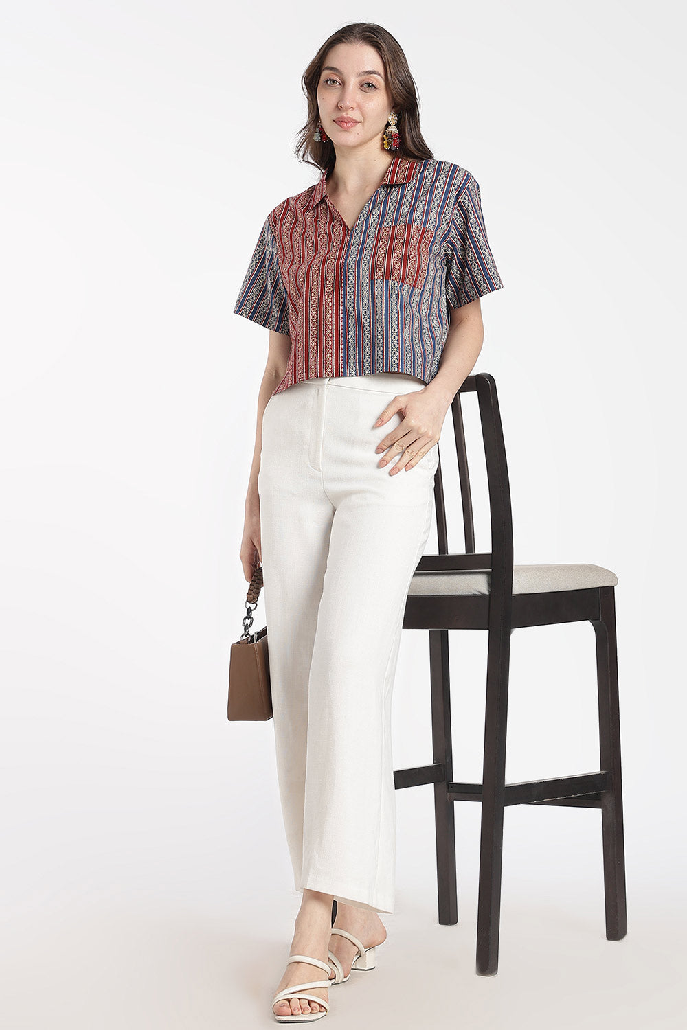 Mythri Women’s Cotton Cropped Shirt – Boxy Fit Printed Casual Crop Shirt with Drop Shoulder & V-Notch Collar | Summer Cotton Top for Women - TO34