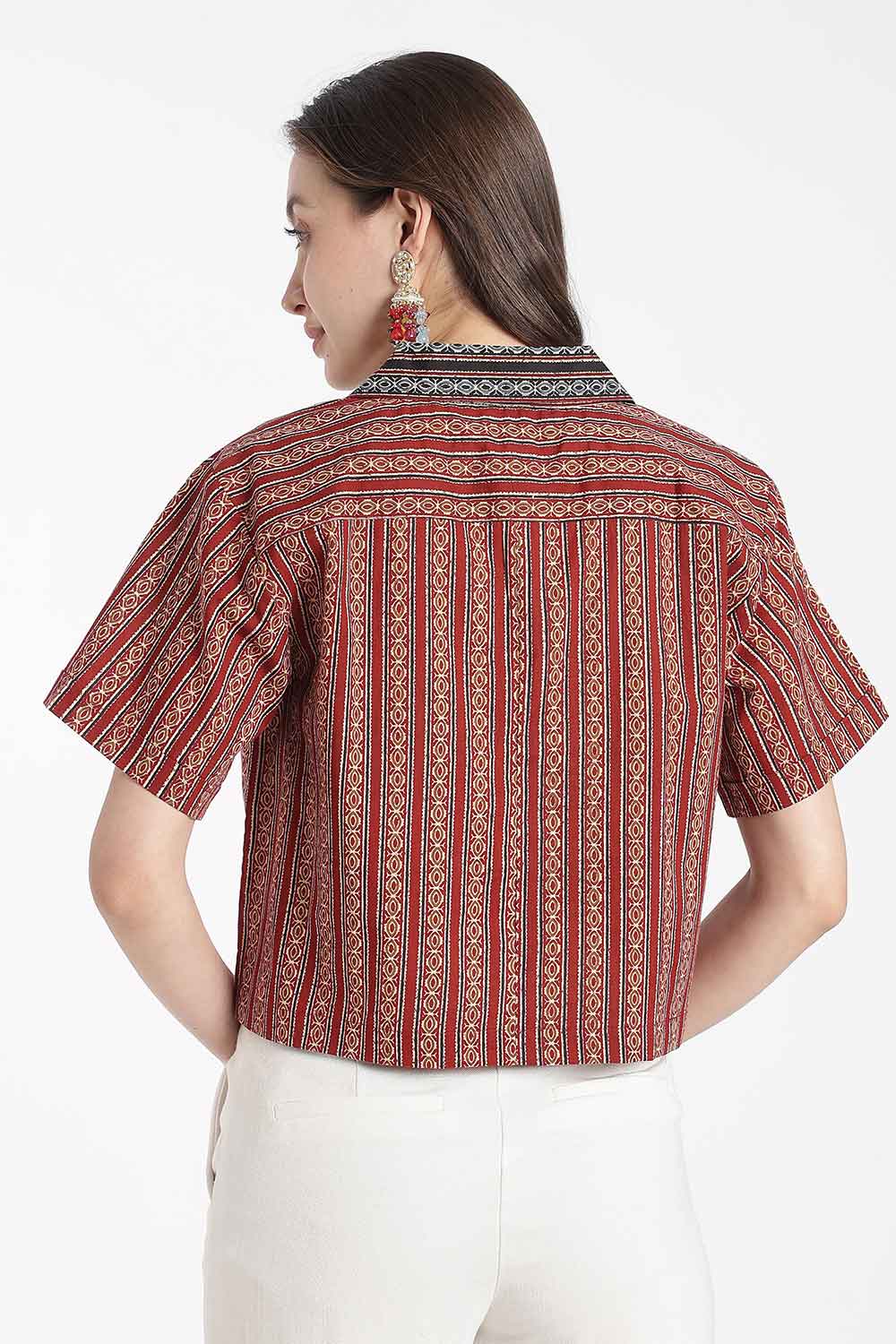 Mythri Women’s Cotton Cropped Shirt – Boxy Fit Printed Casual Crop Shirt with Drop Shoulder & V-Notch Collar | Summer Cotton Top for Women - TO34