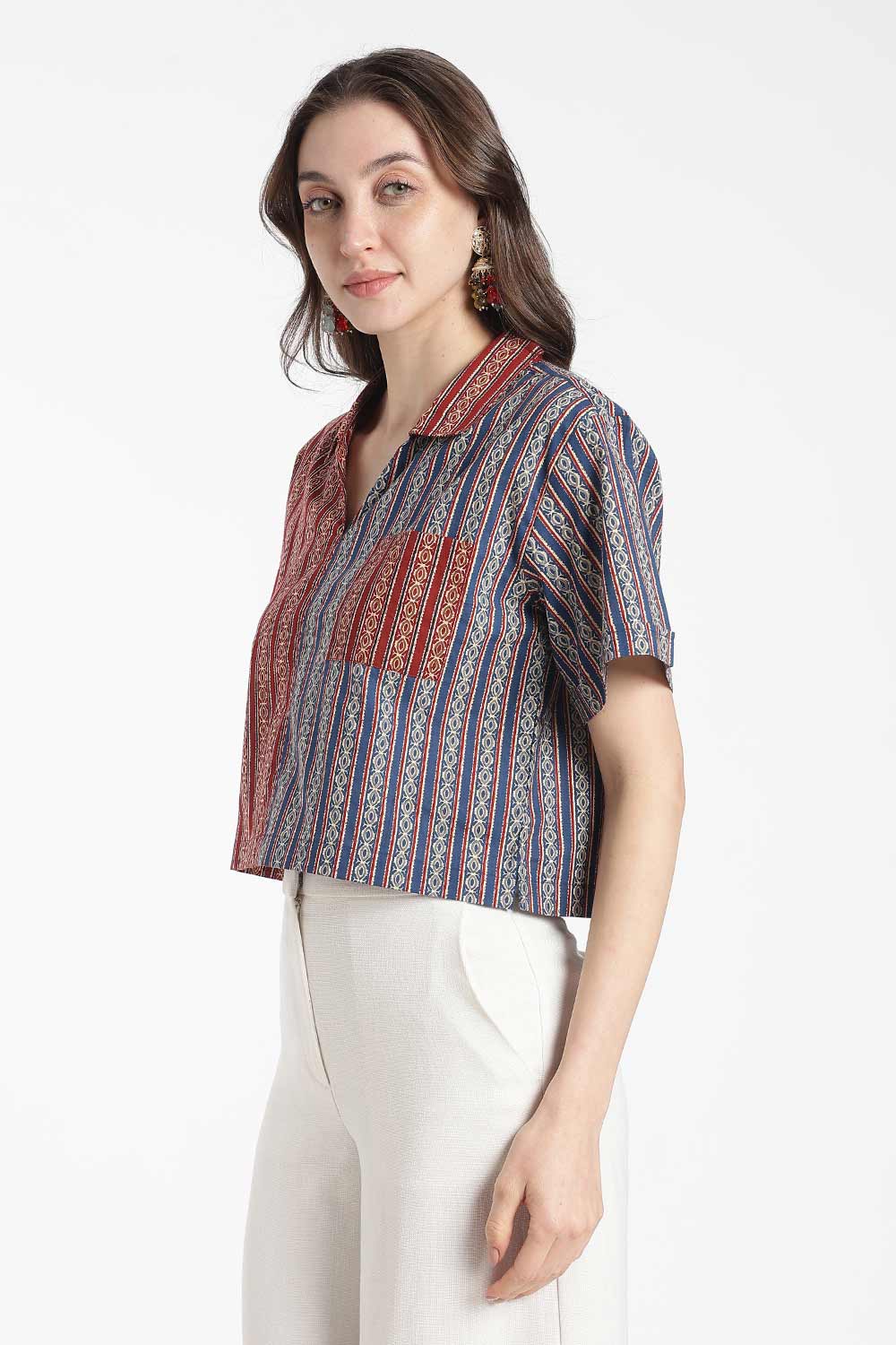 Mythri Women’s Cotton Cropped Shirt – Boxy Fit Printed Casual Crop Shirt with Drop Shoulder & V-Notch Collar | Summer Cotton Top for Women - TO34