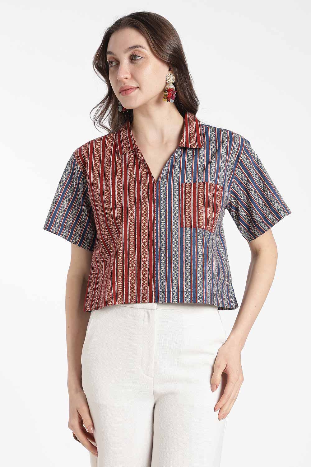 Mythri Women’s Cotton Cropped Shirt – Boxy Fit Printed Casual Crop Shirt with Drop Shoulder & V-Notch Collar | Summer Cotton Top for Women - TO34