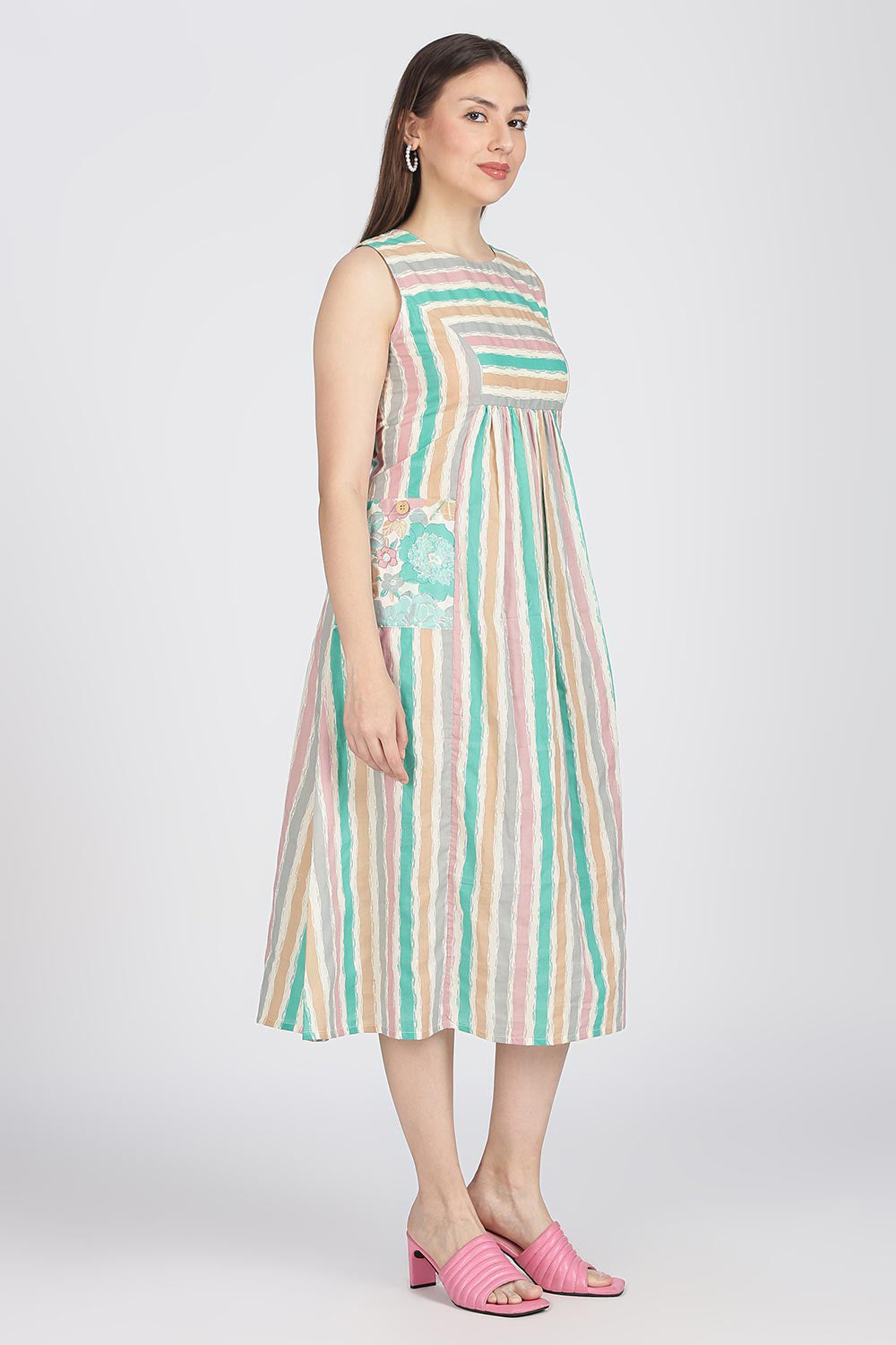 Mythri Women’s Cotton Sleeveless Casual Dress | Striped Panelled Cut & Sew A-Line Summer Dress for Daily Wear - DR12