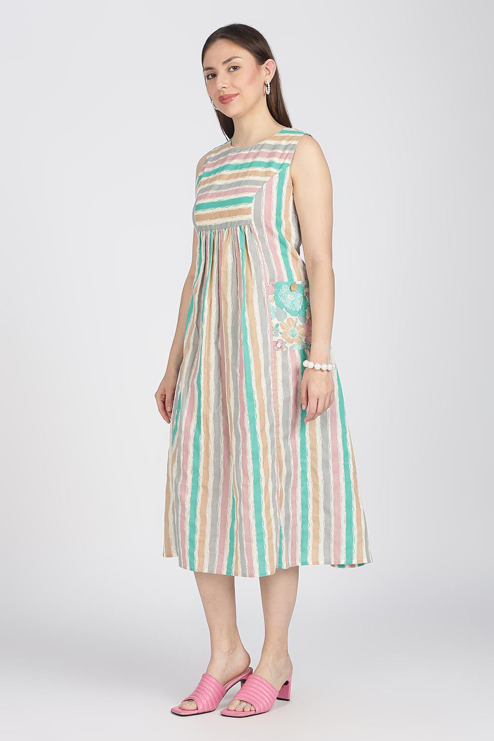 Mythri Women’s Cotton Sleeveless Casual Dress | Striped Panelled Cut & Sew A-Line Summer Dress for Daily Wear - DR12