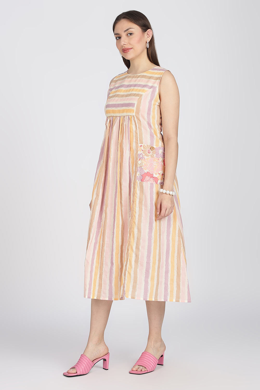 Mythri Women’s Cotton Sleeveless Casual Dress | Striped Panelled Cut & Sew A-Line Summer Dress for Daily Wear - DR12