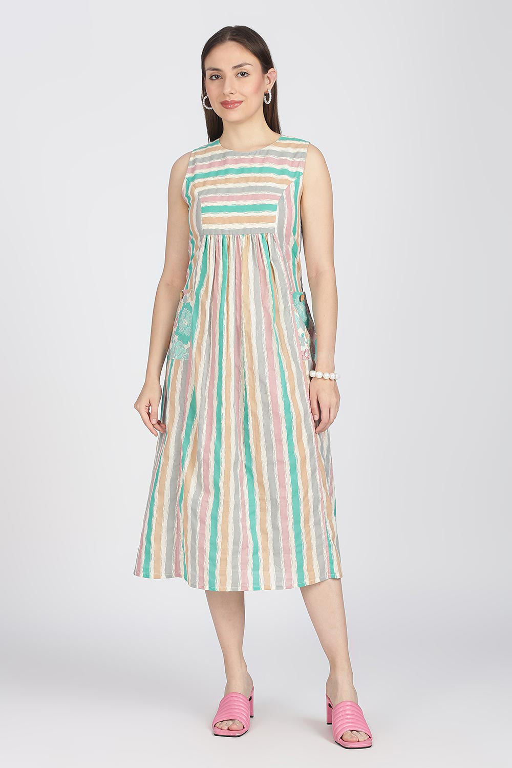 Mythri Women’s Cotton Sleeveless Casual Dress | Striped Panelled Cut & Sew A-Line Summer Dress for Daily Wear - DR12