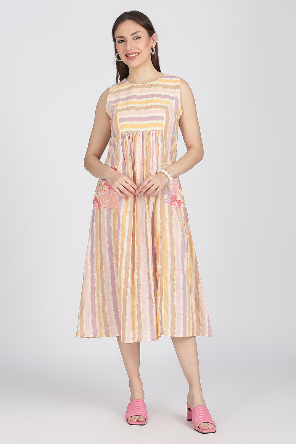 Mythri Women’s Cotton Sleeveless Casual Dress | Striped Panelled Cut & Sew A-Line Summer Dress for Daily Wear - DR12