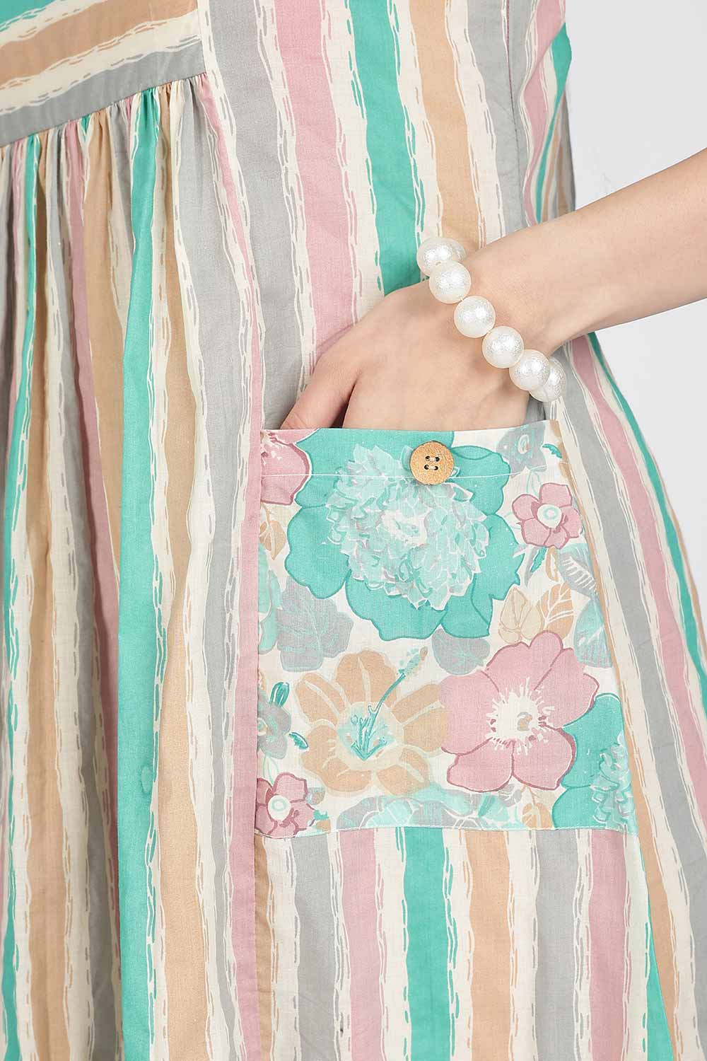 Mythri Women’s Cotton Sleeveless Casual Dress | Striped Panelled Cut & Sew A-Line Summer Dress for Daily Wear - DR12