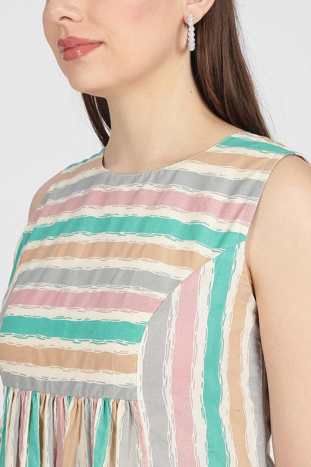 Mythri Women’s Cotton Sleeveless Casual Dress | Striped Panelled Cut & Sew A-Line Summer Dress for Daily Wear - DR12