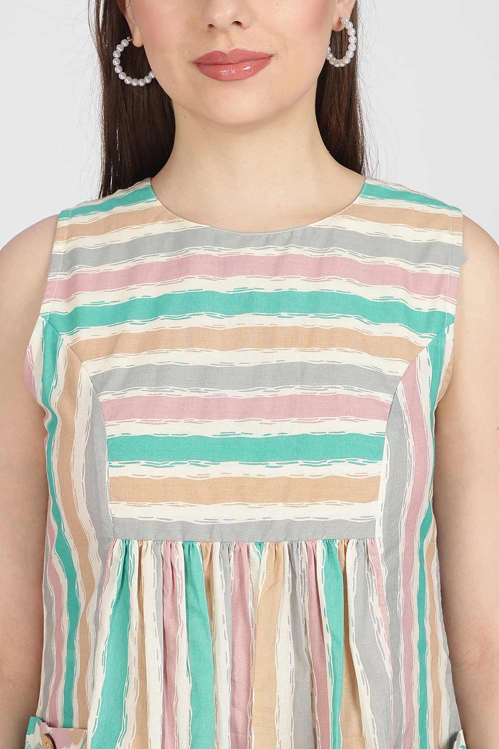 Mythri Women’s Cotton Sleeveless Casual Dress | Striped Panelled Cut & Sew A-Line Summer Dress for Daily Wear - DR12