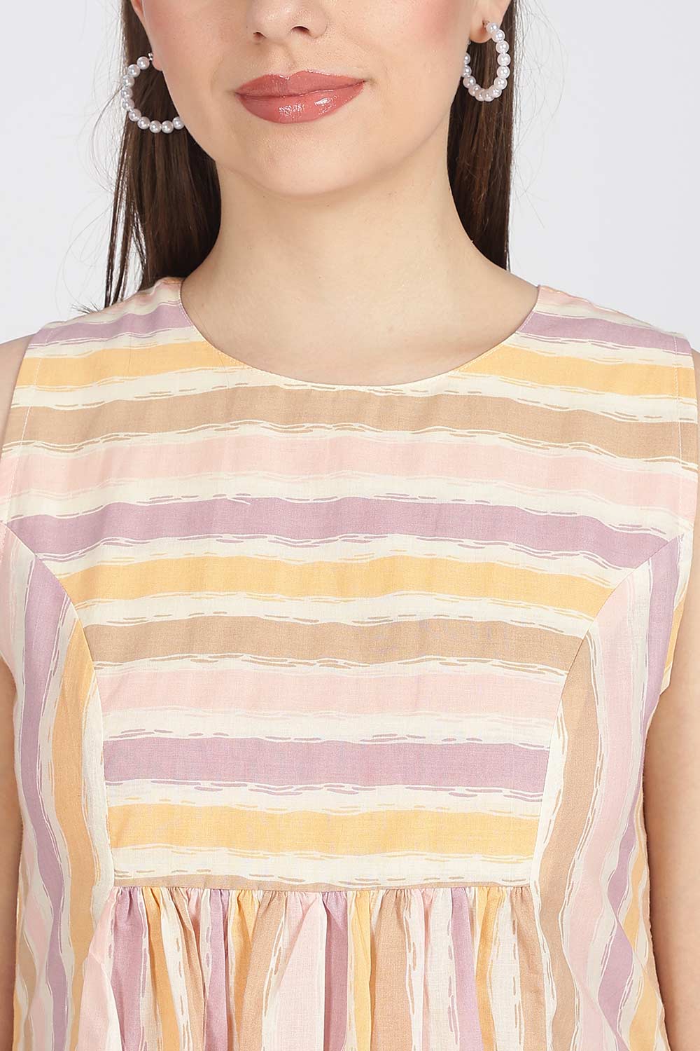 Mythri Women’s Cotton Sleeveless Casual Dress | Striped Panelled Cut & Sew A-Line Summer Dress for Daily Wear - DR12