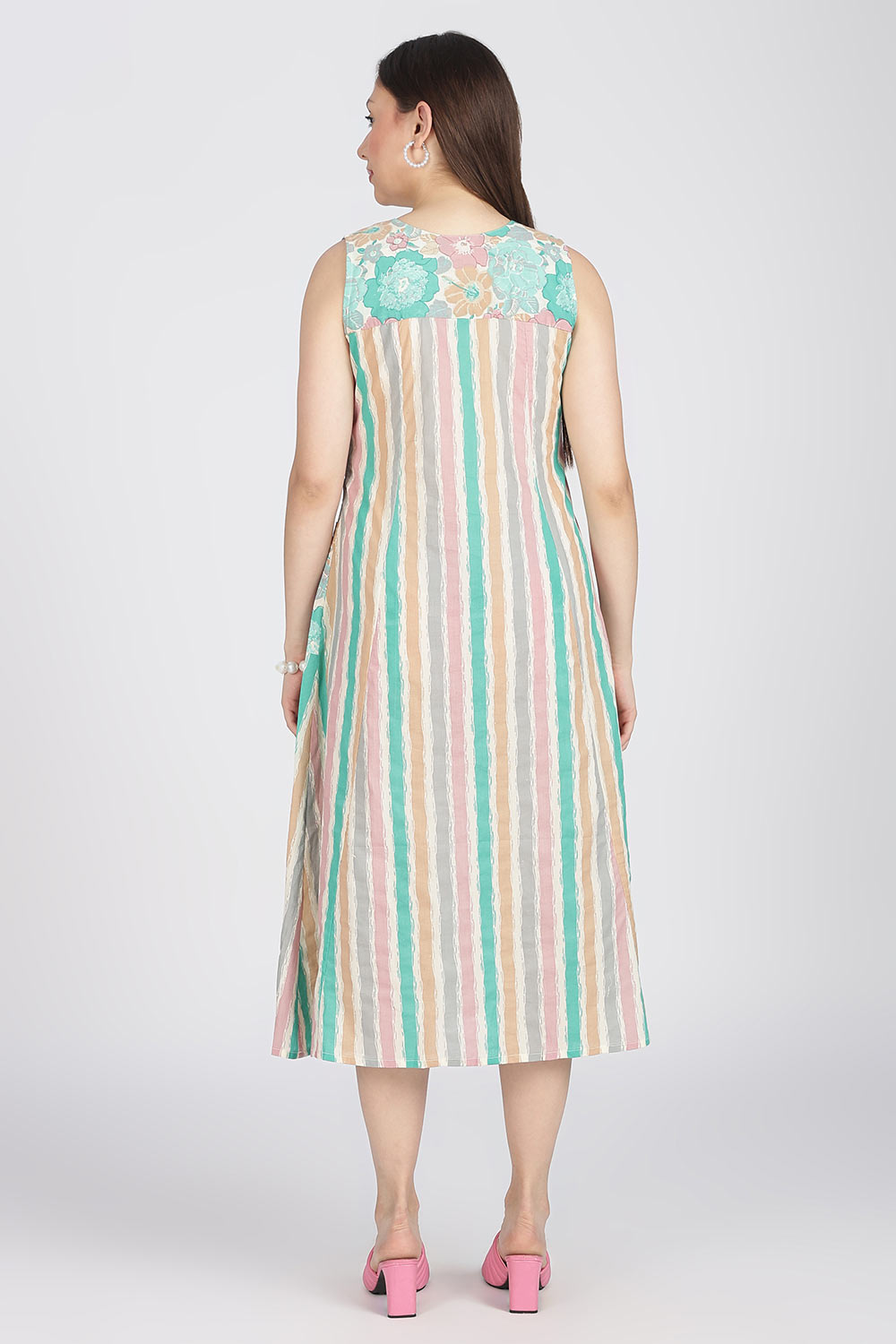 Mythri Women’s Cotton Sleeveless Casual Dress | Striped Panelled Cut & Sew A-Line Summer Dress for Daily Wear - DR12