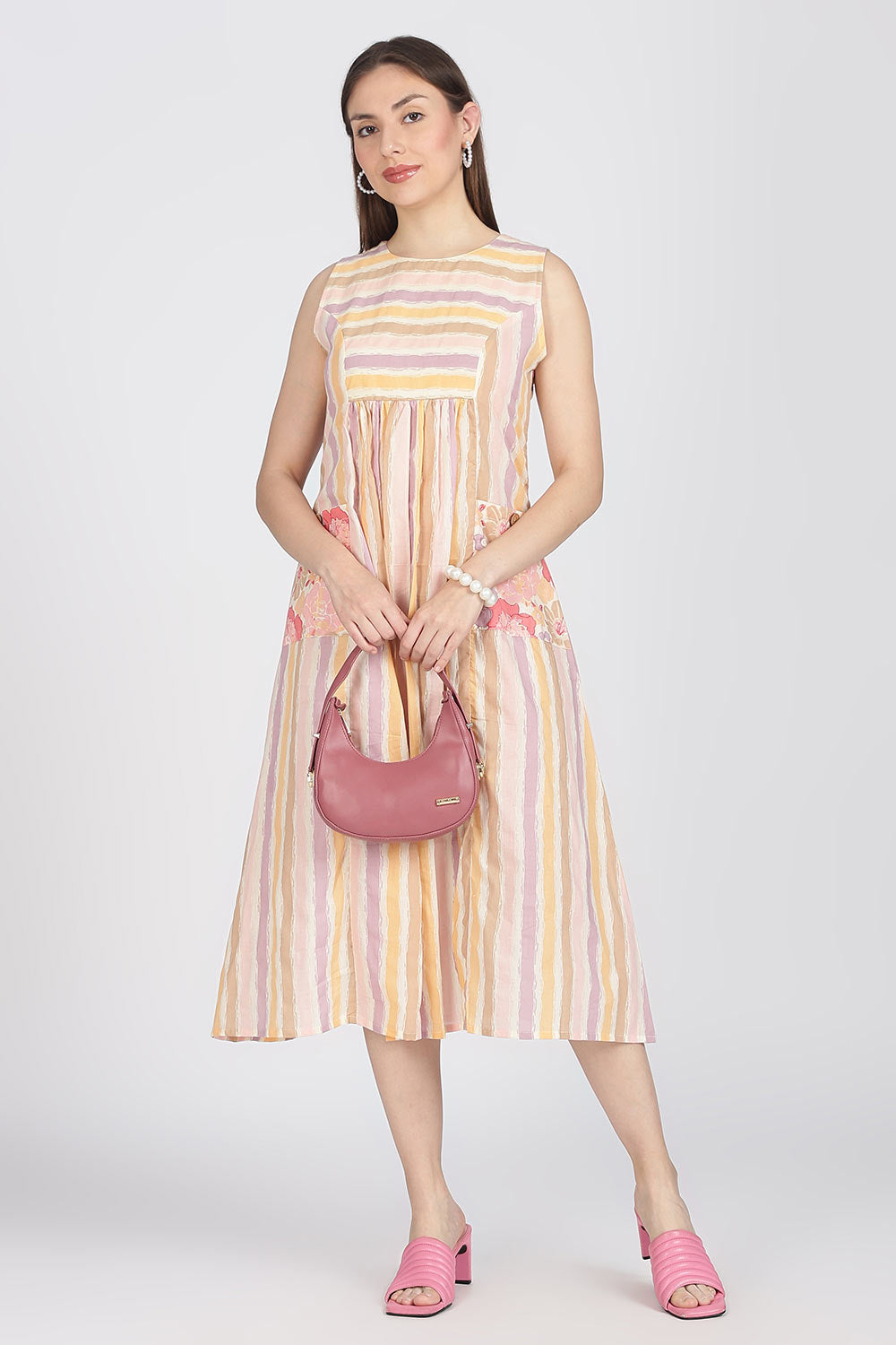 Sleeveless Cotton A-Line Striped Casual Dress with Round Neck for