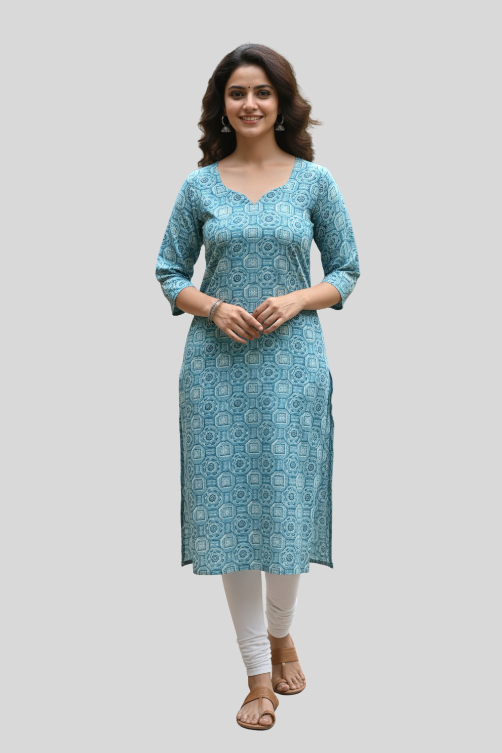 Mythri Women’s Cotton Straight Kurthi with V Slit Round Neck and 3/4th Sleeves - Blue - R202