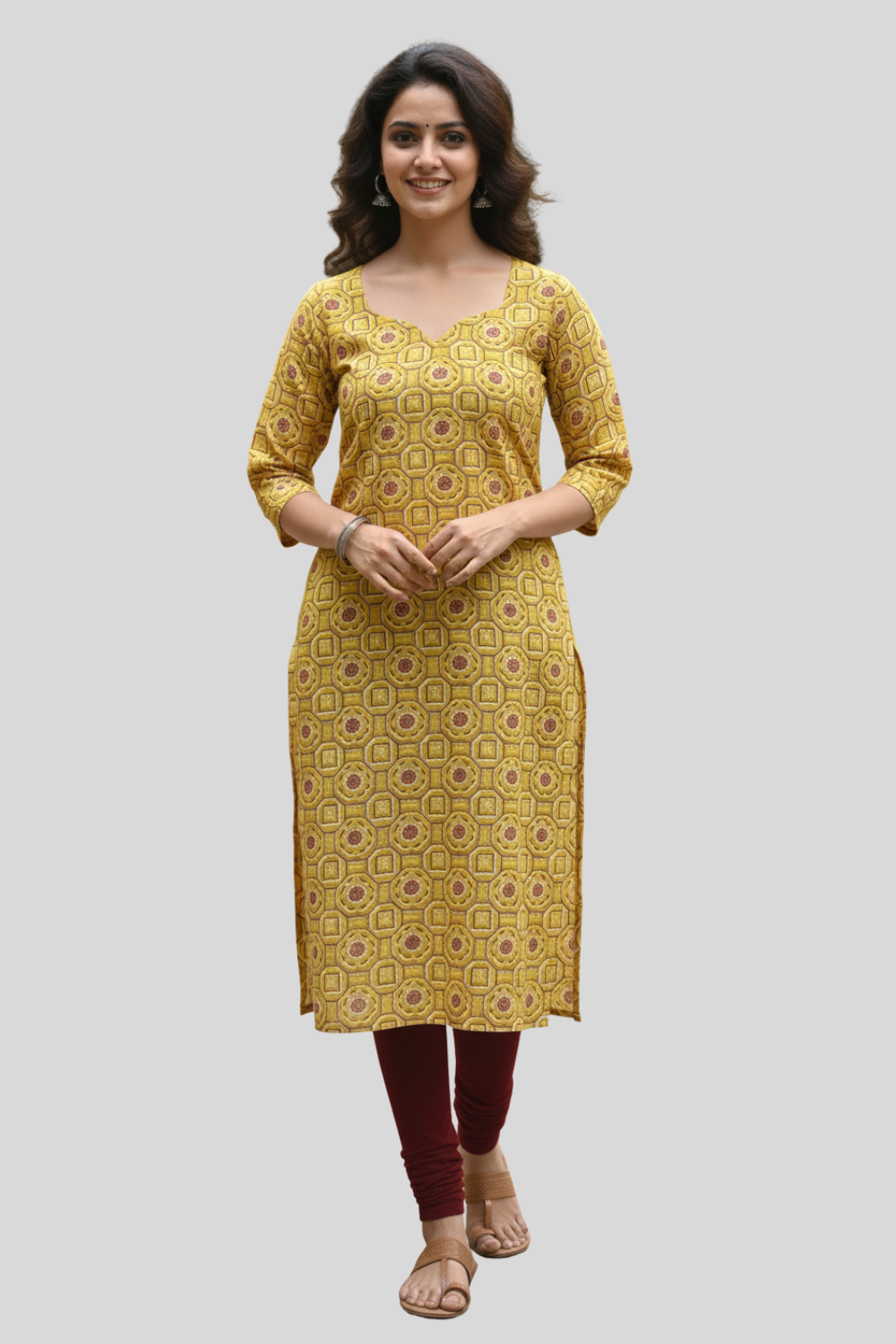 Mythri Women’s Cotton Straight Kurthi with V Slit Round Neck and 3/4th Sleeves - Yellow - R203