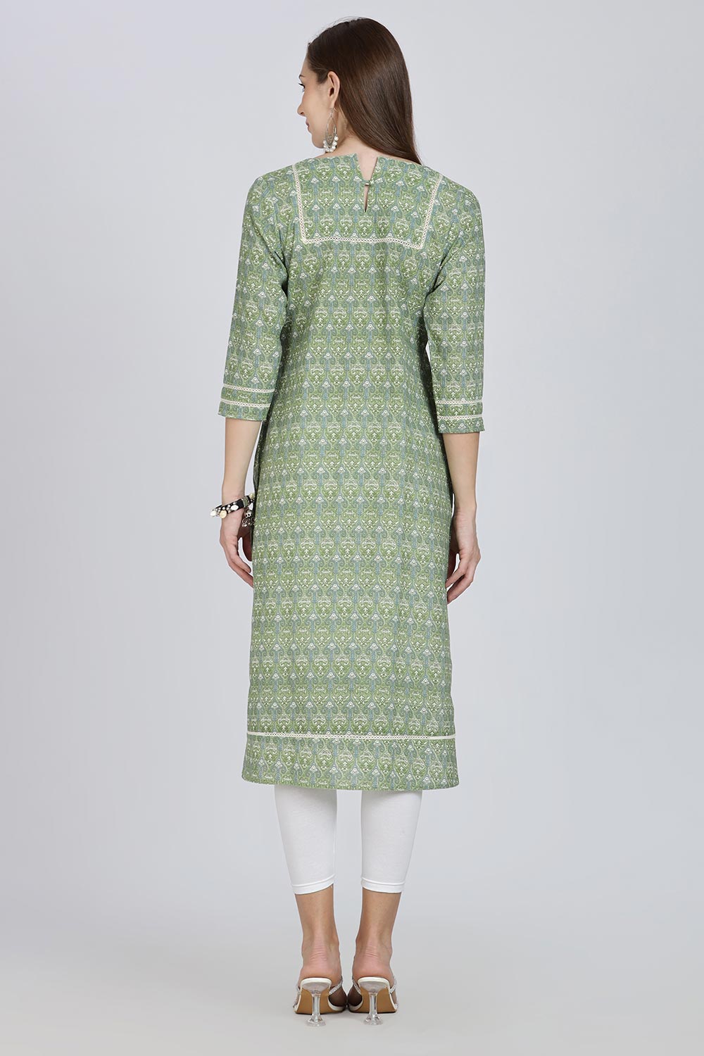 Mythri Women’s Cotton Straight Kurti | Geometric Floral Print V-Neck Kurta with Ladder Lace for Everyday Wear - Green - K116