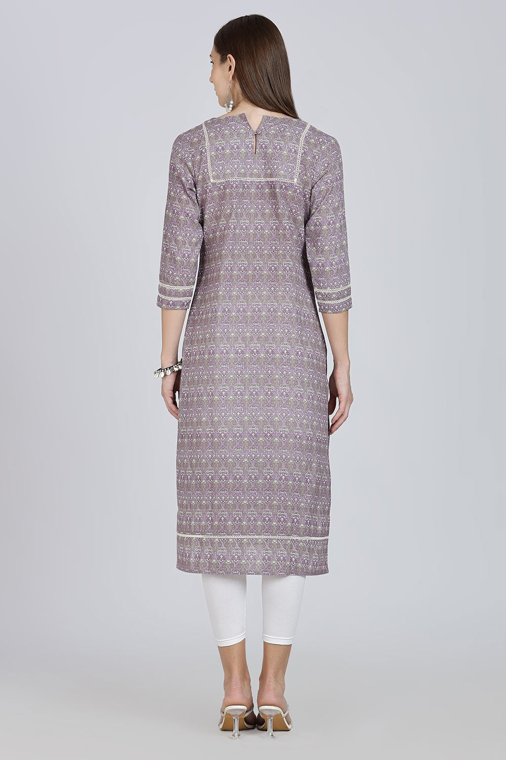 Mythri Women’s Cotton Straight Kurti | Geometric Floral Print V-Neck Kurta with Ladder Lace for Everyday Wear - Purple - K116