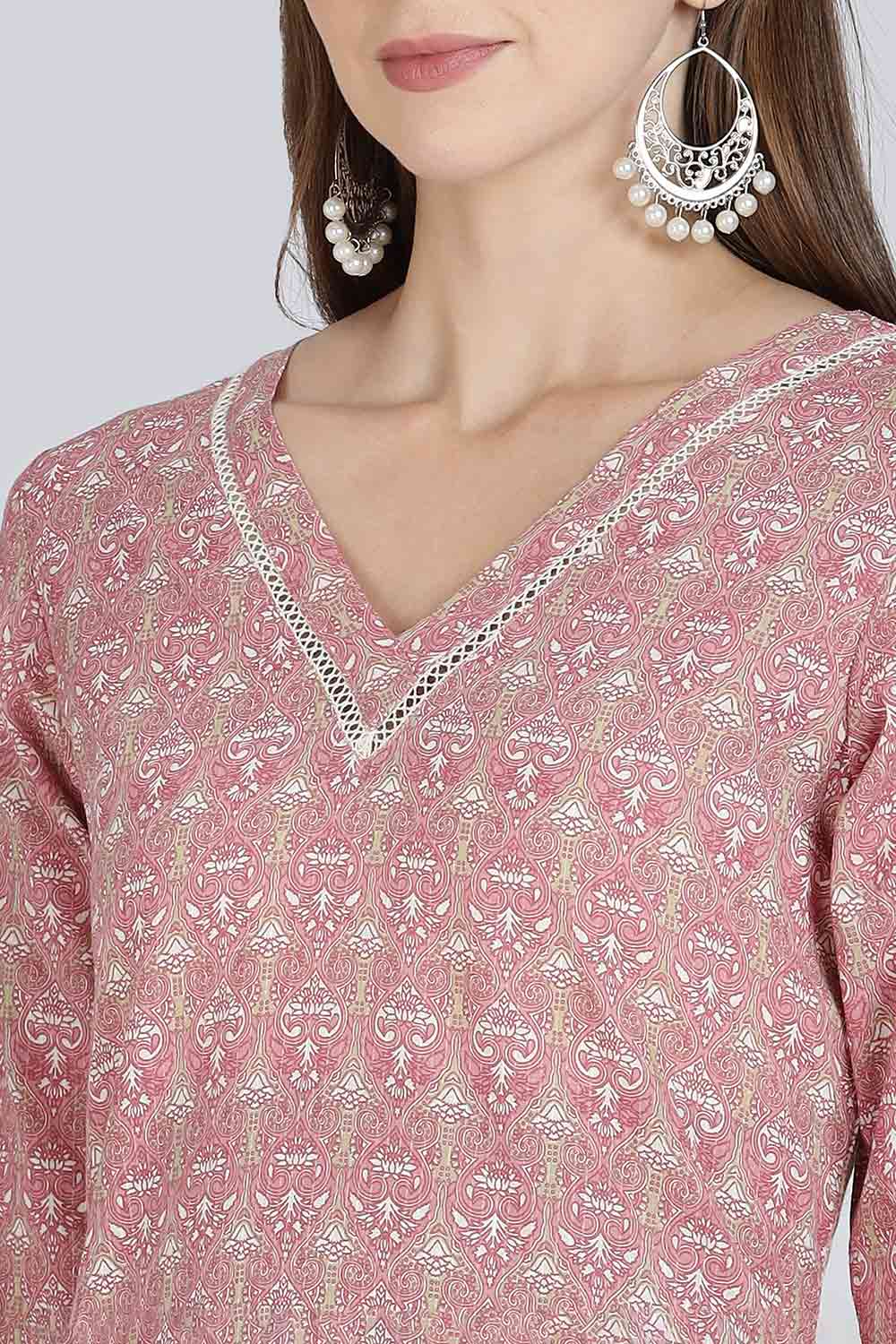 Mythri Women’s Cotton Straight Kurti | Geometric Floral Print V-Neck Kurta with Ladder Lace for Everyday Wear - Pink - K116