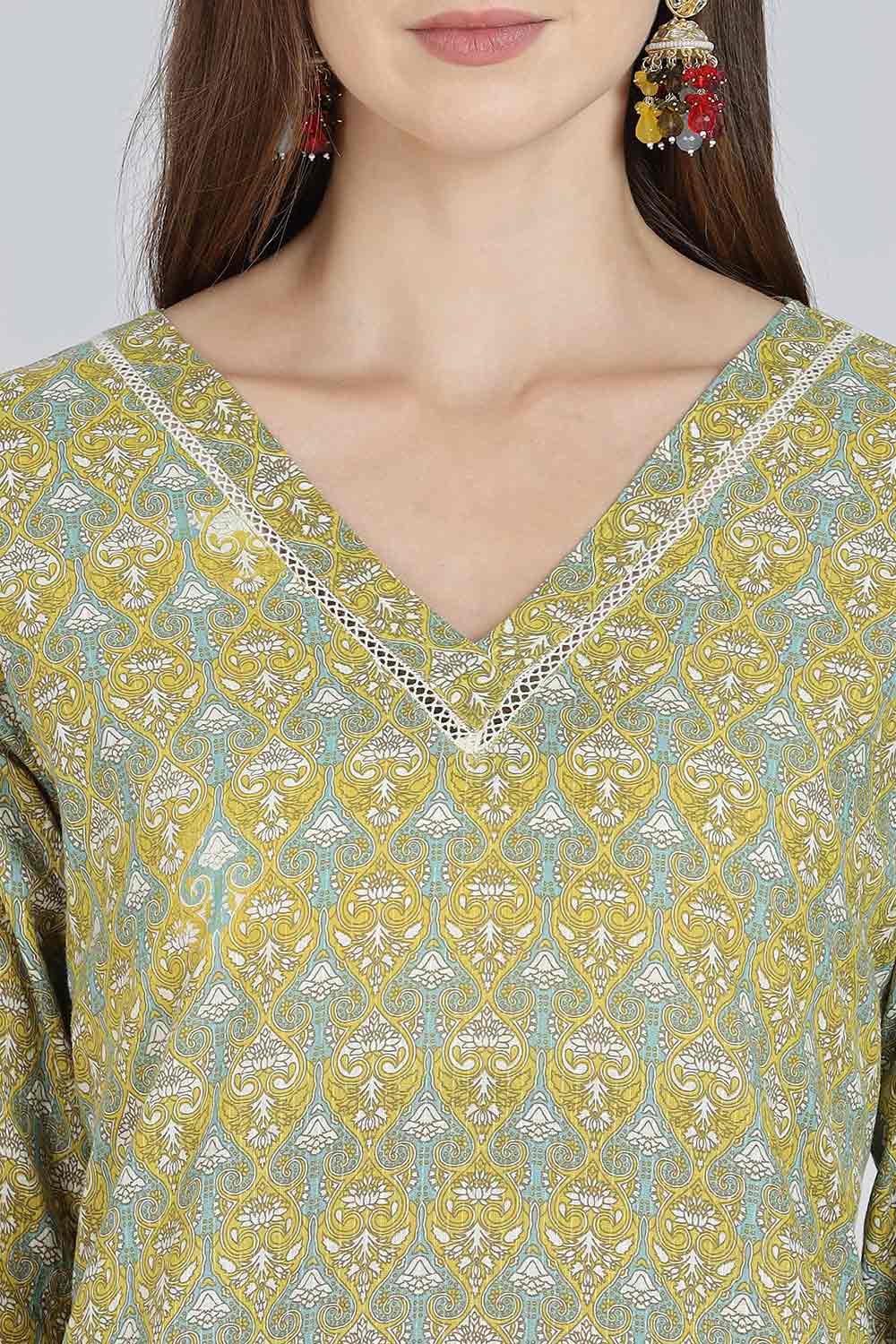 Mythri Women’s Cotton Straight Kurti | Geometric Floral Print V-Neck Kurta with Ladder Lace for Everyday Wear - Teal Green - K116