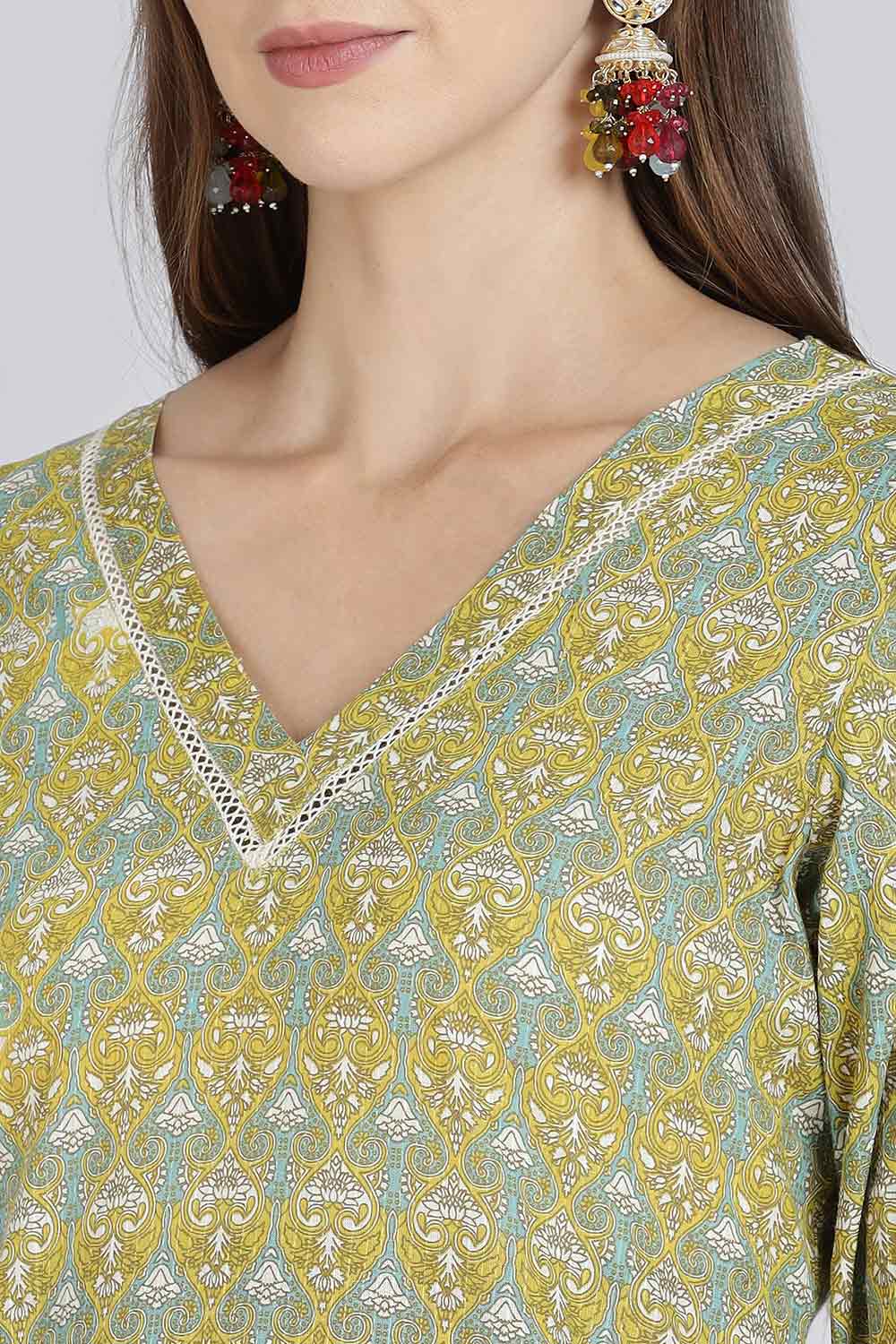 Mythri Women’s Cotton Straight Kurti | Geometric Floral Print V-Neck Kurta with Ladder Lace for Everyday Wear - Teal Green - K116