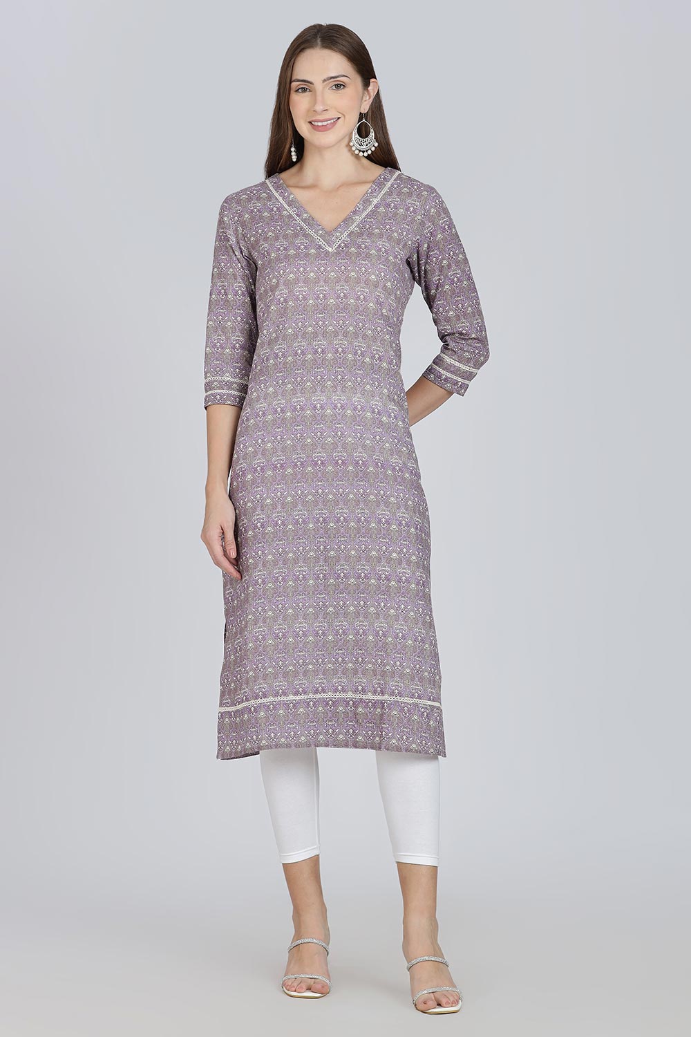 Mythri Women’s Cotton Straight Kurti | Geometric Floral Print V-Neck Kurta with Ladder Lace for Everyday Wear - Purple - K116