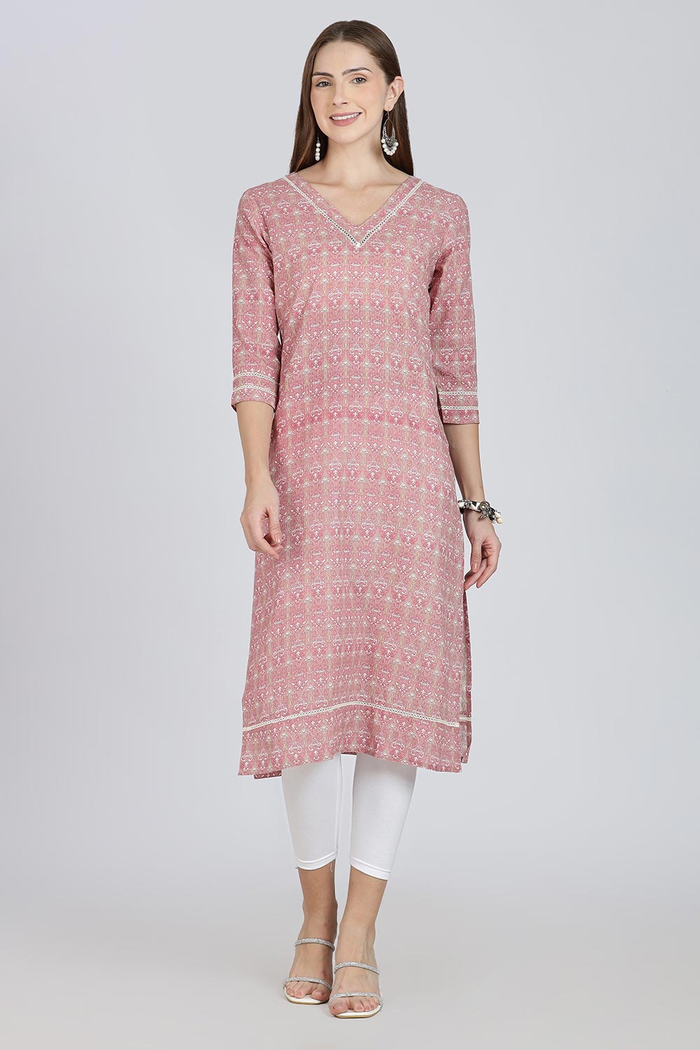 Mythri Women’s Cotton Straight Kurti | Geometric Floral Print V-Neck Kurta with Ladder Lace for Everyday Wear - Pink - K116