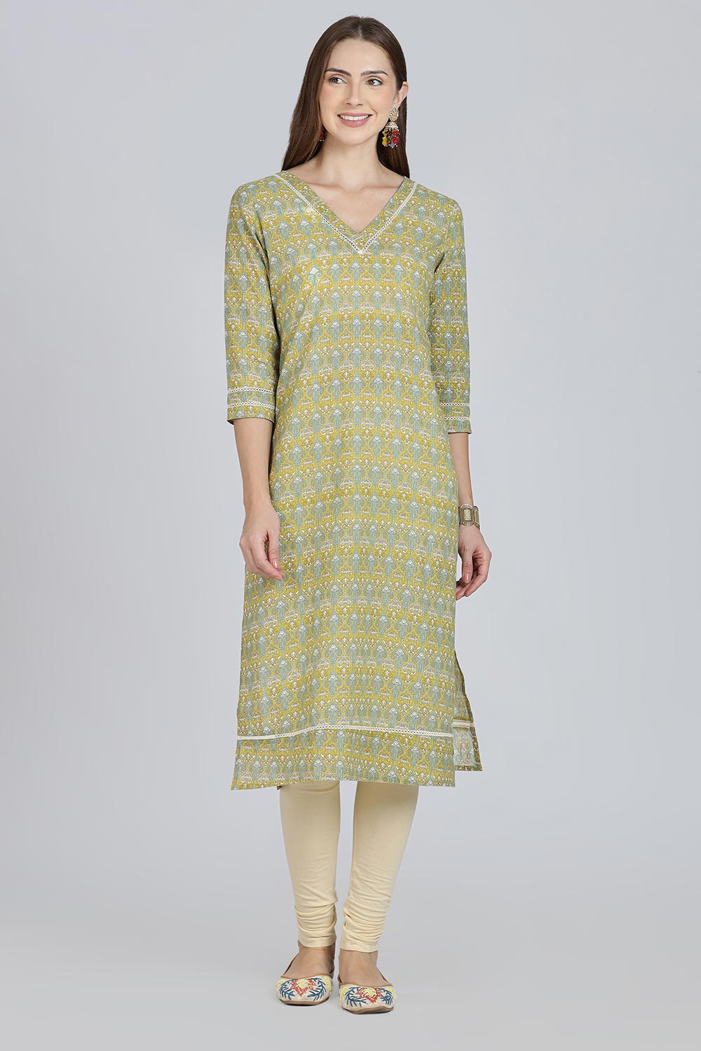 Mythri Women’s Cotton Straight Kurti | Geometric Floral Print V-Neck Kurta with Ladder Lace for Everyday Wear - Teal Green - K116