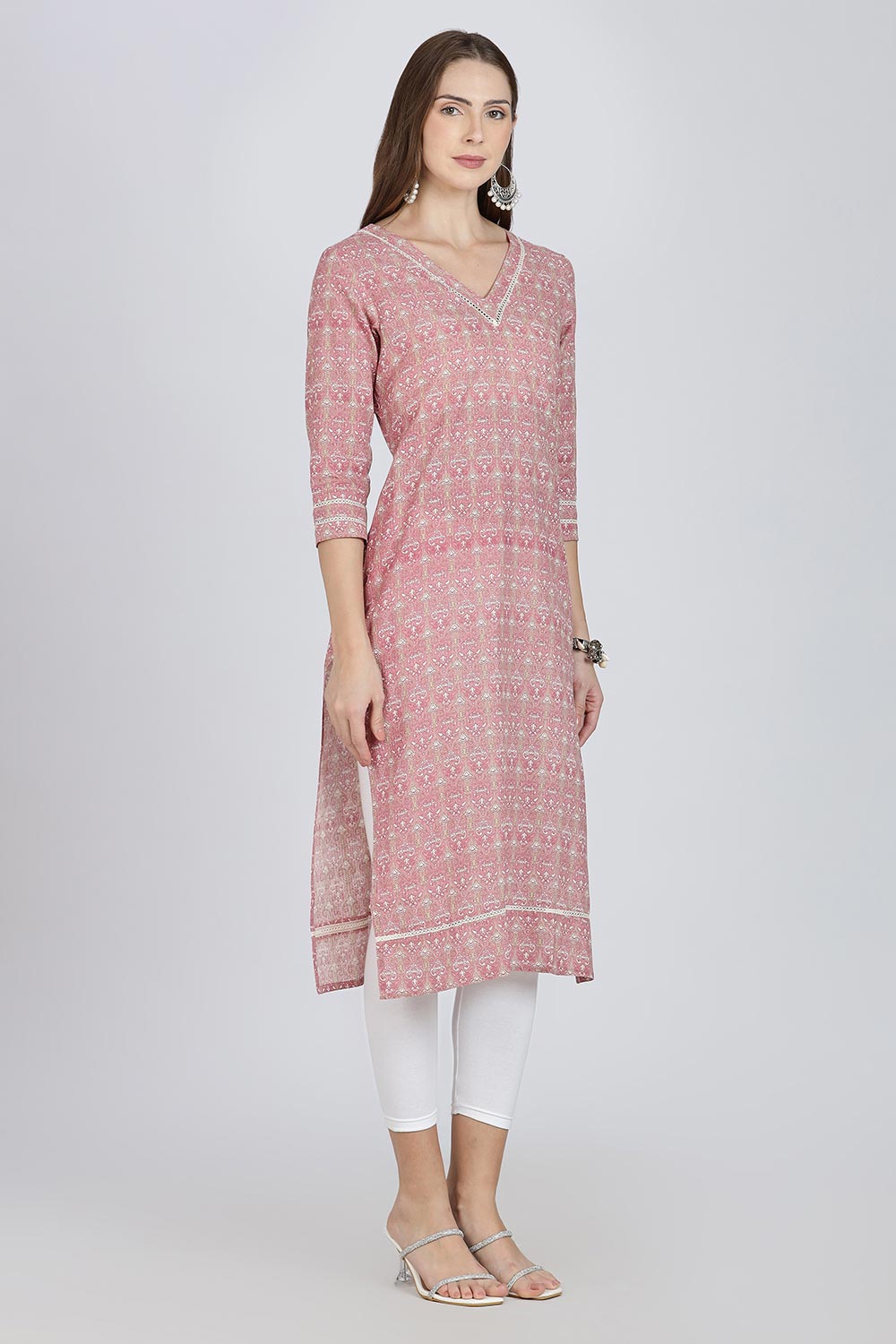 Mythri Women’s Cotton Straight Kurti | Geometric Floral Print V-Neck Kurta with Ladder Lace for Everyday Wear - Pink - K116