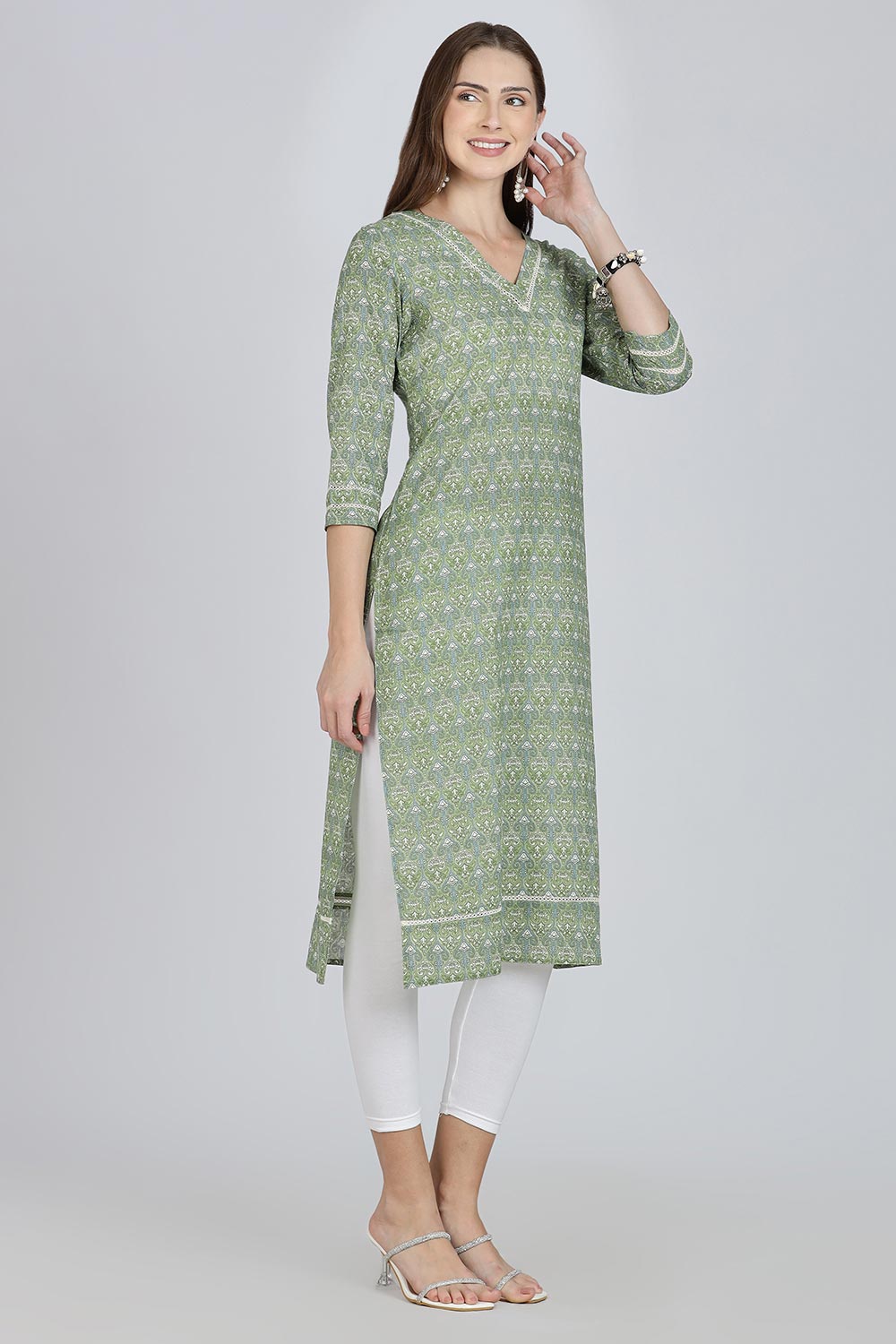 Mythri Women’s Cotton Straight Kurti | Geometric Floral Print V-Neck Kurta with Ladder Lace for Everyday Wear - Green - K116