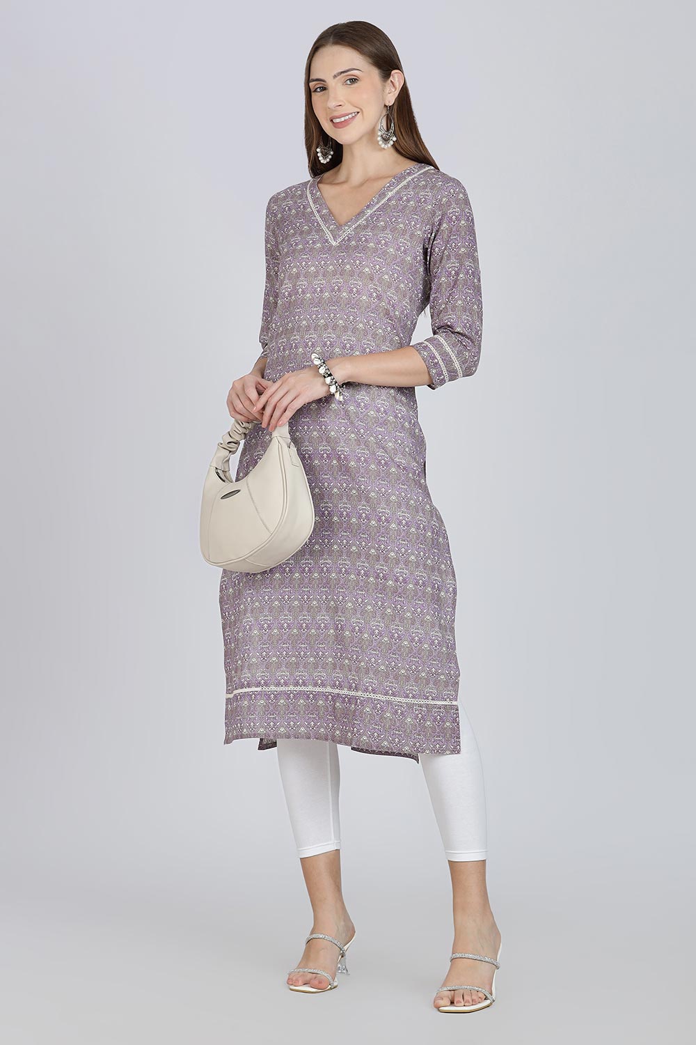 Mythri Women’s Cotton Straight Kurti | Geometric Floral Print V-Neck Kurta with Ladder Lace for Everyday Wear - Purple - K116