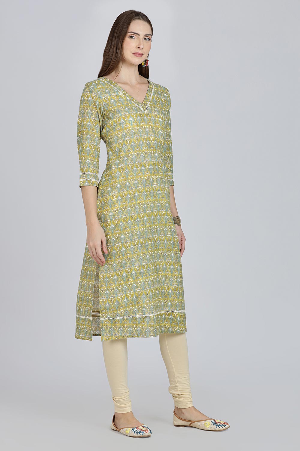 Mythri Women’s Cotton Straight Kurti | Geometric Floral Print V-Neck Kurta with Ladder Lace for Everyday Wear - Teal Green - K116