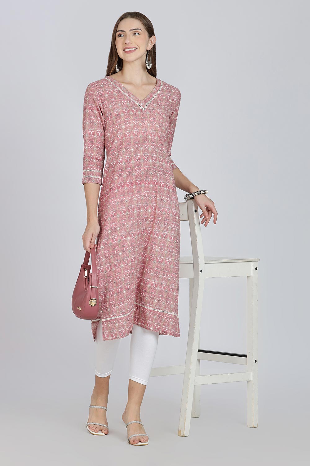 Mythri Women’s Cotton Straight Kurti | Geometric Floral Print V-Neck Kurta with Ladder Lace for Everyday Wear - Pink - K116