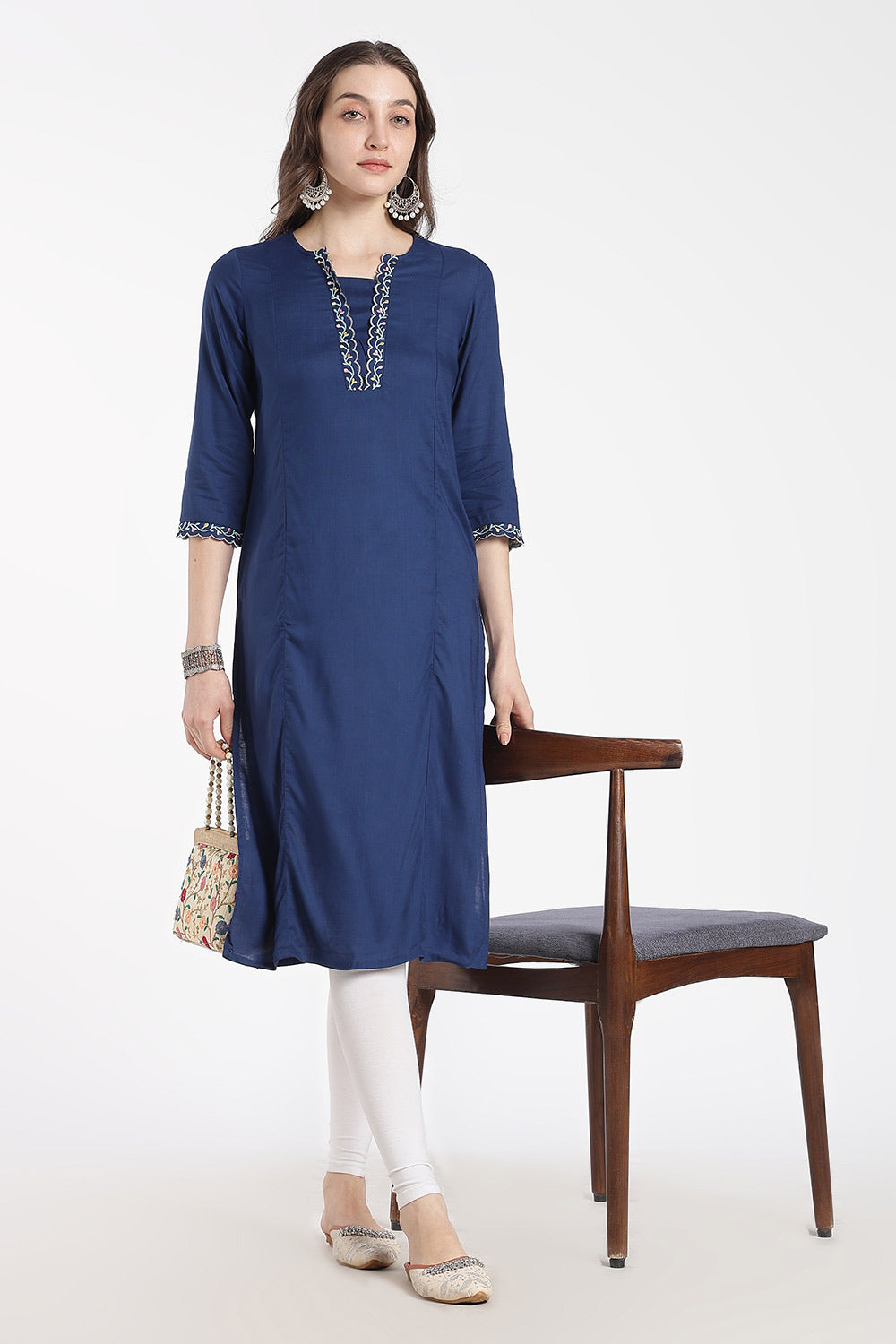 Mythri Women’s Rayon Embroidered Straight Kurti – V-Neck Scallop Edge Kurti for Women | Everyday Ethnic Kurti - RS02