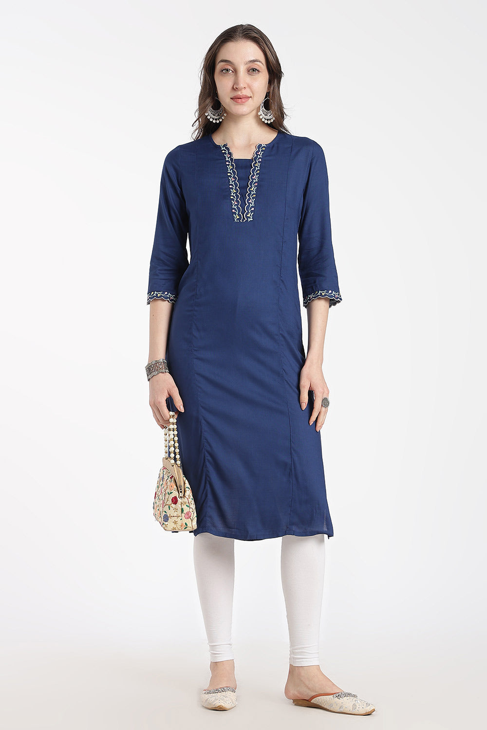 Mythri Women’s Rayon Embroidered Straight Kurti – V-Neck Scallop Edge Kurti for Women | Everyday Ethnic Kurti - RS02