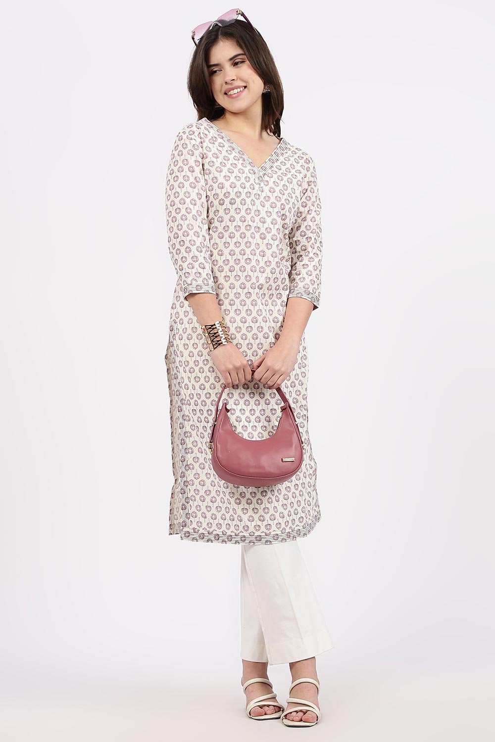 Mythri Women’s Straight Fit Cotton-Blend Kurthi | Crossover V-Neck, Embroidered Details & 3/4th Sleeves - K113