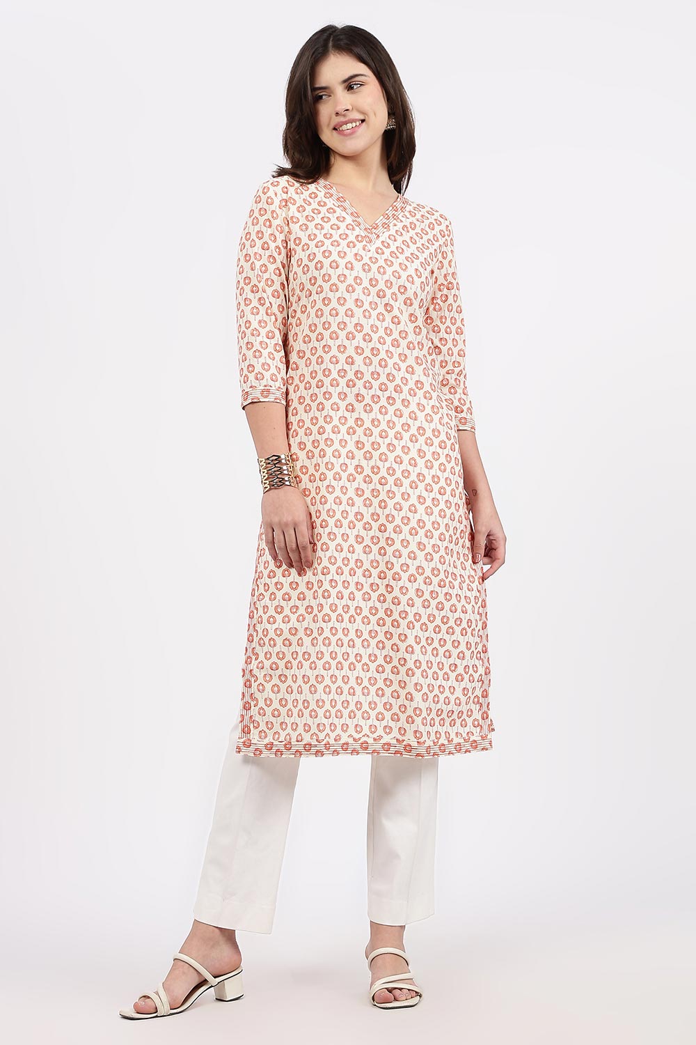 Mythri Women’s Straight Fit Cotton-Blend Kurthi | Crossover V-Neck, Embroidered Details & 3/4th Sleeves - K113