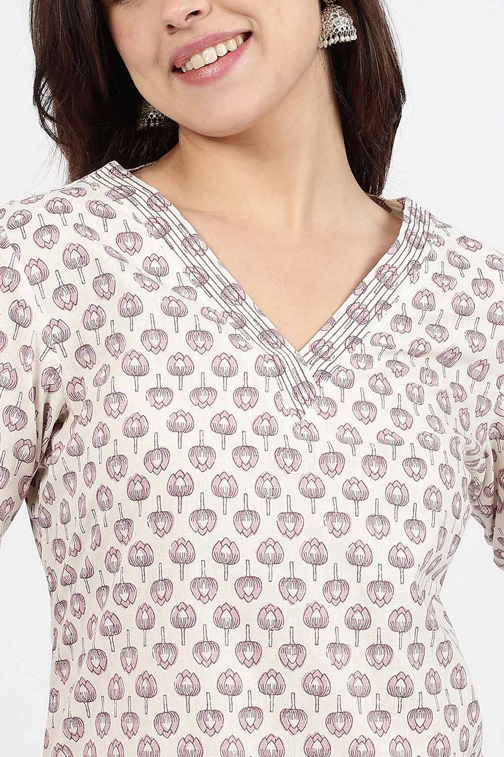 Mythri Women’s Straight Fit Cotton-Blend Kurthi | Crossover V-Neck, Embroidered Details & 3/4th Sleeves - K113