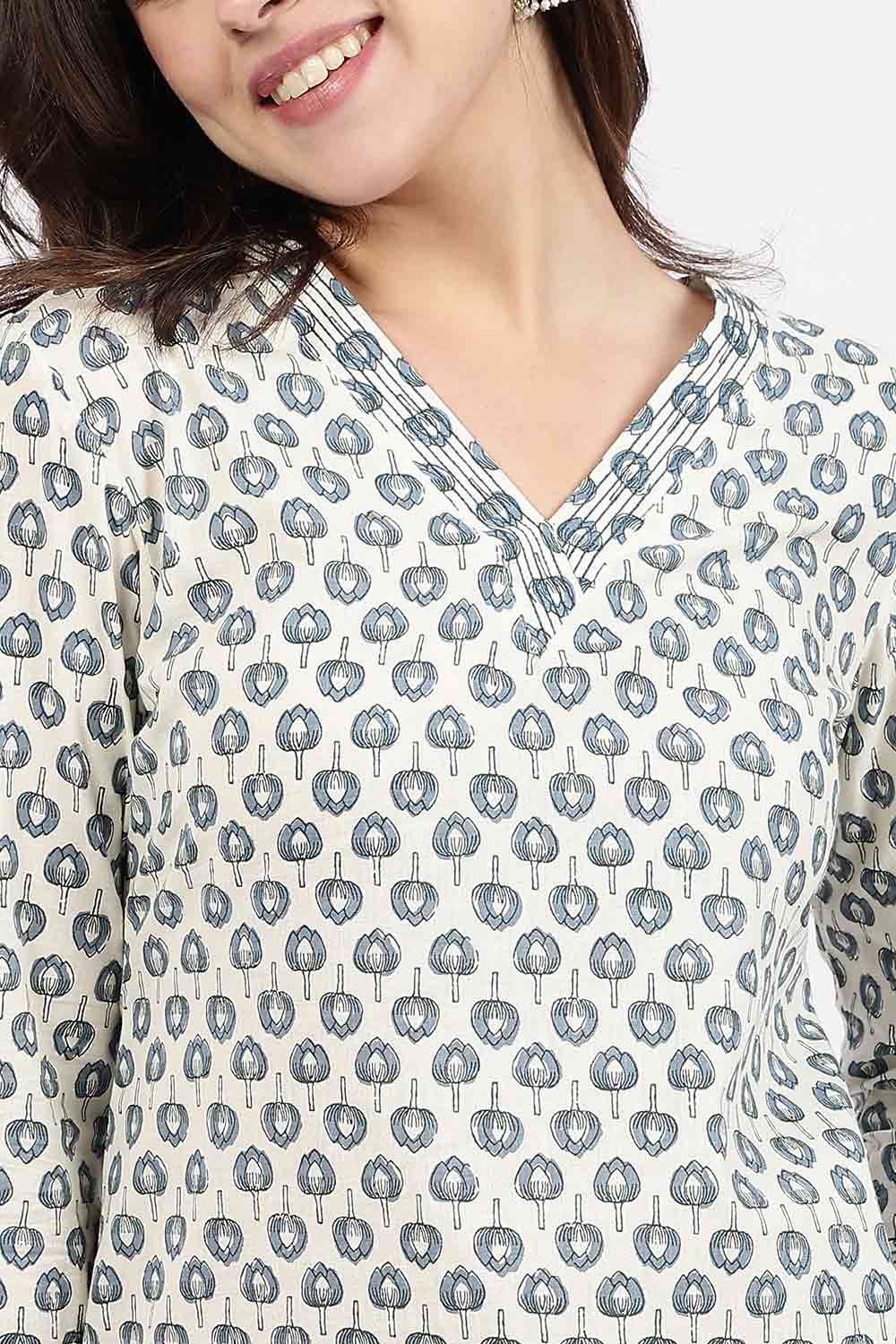 Mythri Women’s Straight Fit Cotton-Blend Kurthi | Crossover V-Neck, Embroidered Details & 3/4th Sleeves - K113