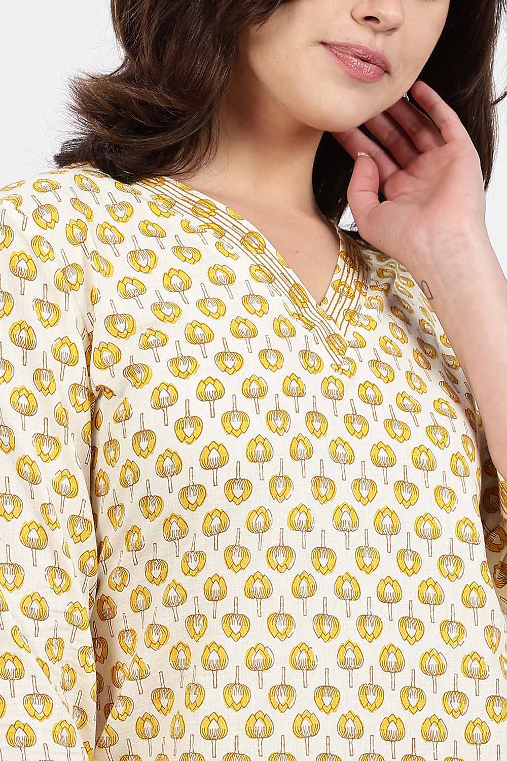 Mythri Women’s Straight Fit Cotton-Blend Kurthi | Crossover V-Neck, Embroidered Details & 3/4th Sleeves - K113