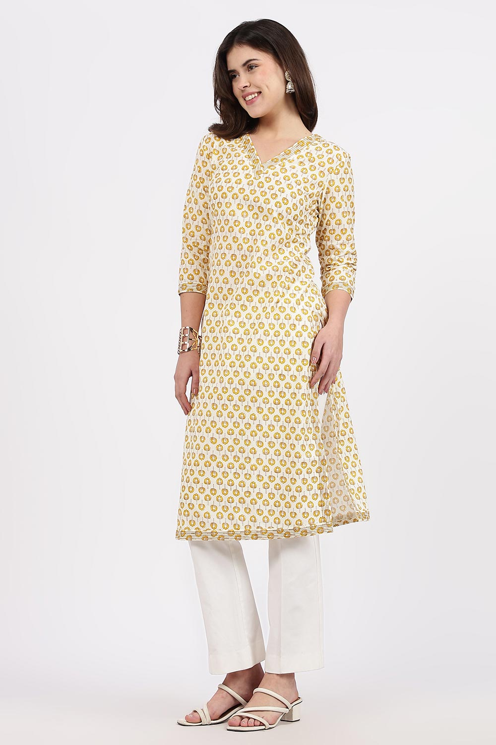 Mythri Women’s Straight Fit Cotton-Blend Kurthi | Crossover V-Neck, Embroidered Details & 3/4th Sleeves - K113