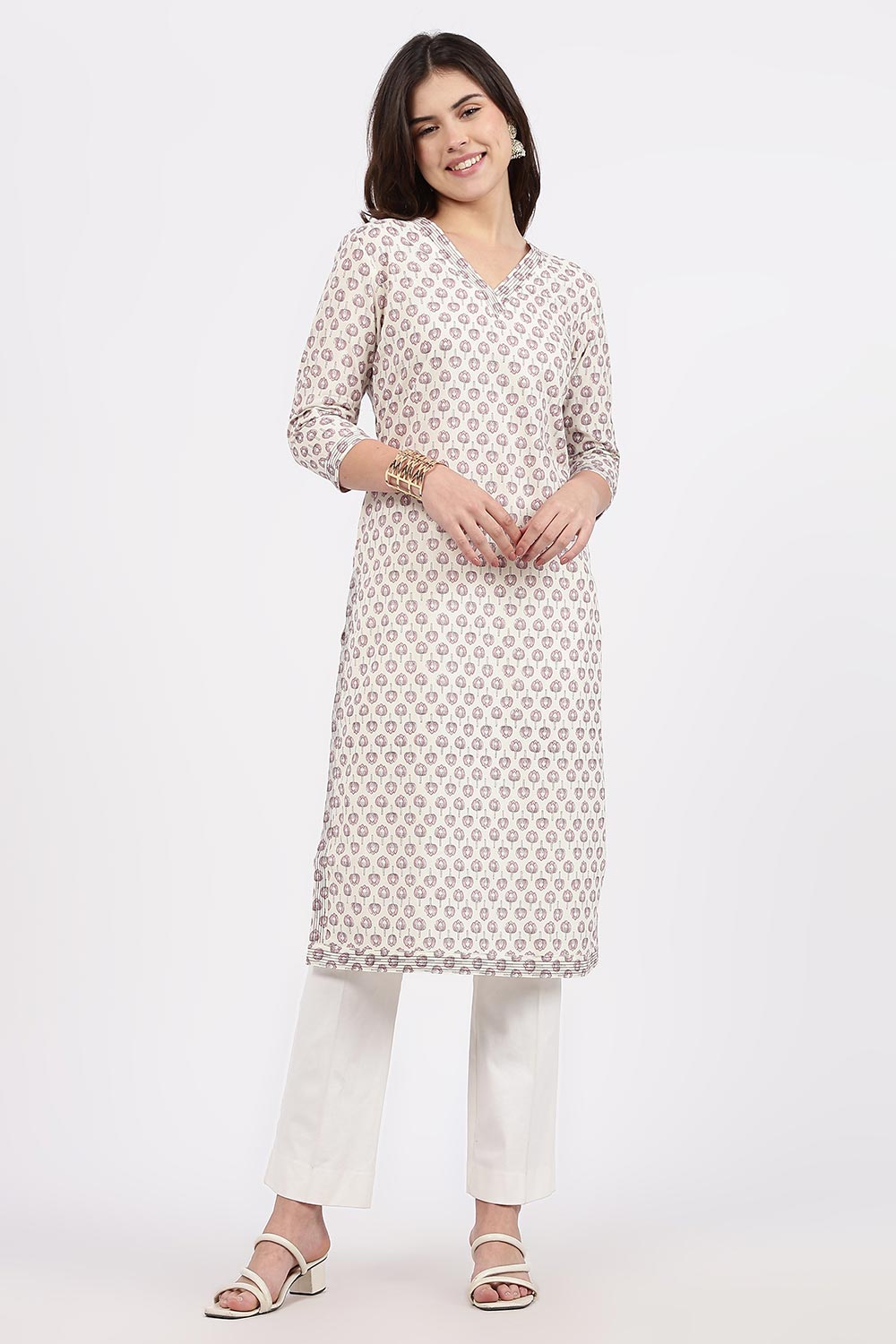 Mythri Women’s Straight Fit Cotton-Blend Kurthi | Crossover V-Neck, Embroidered Details & 3/4th Sleeves - K113
