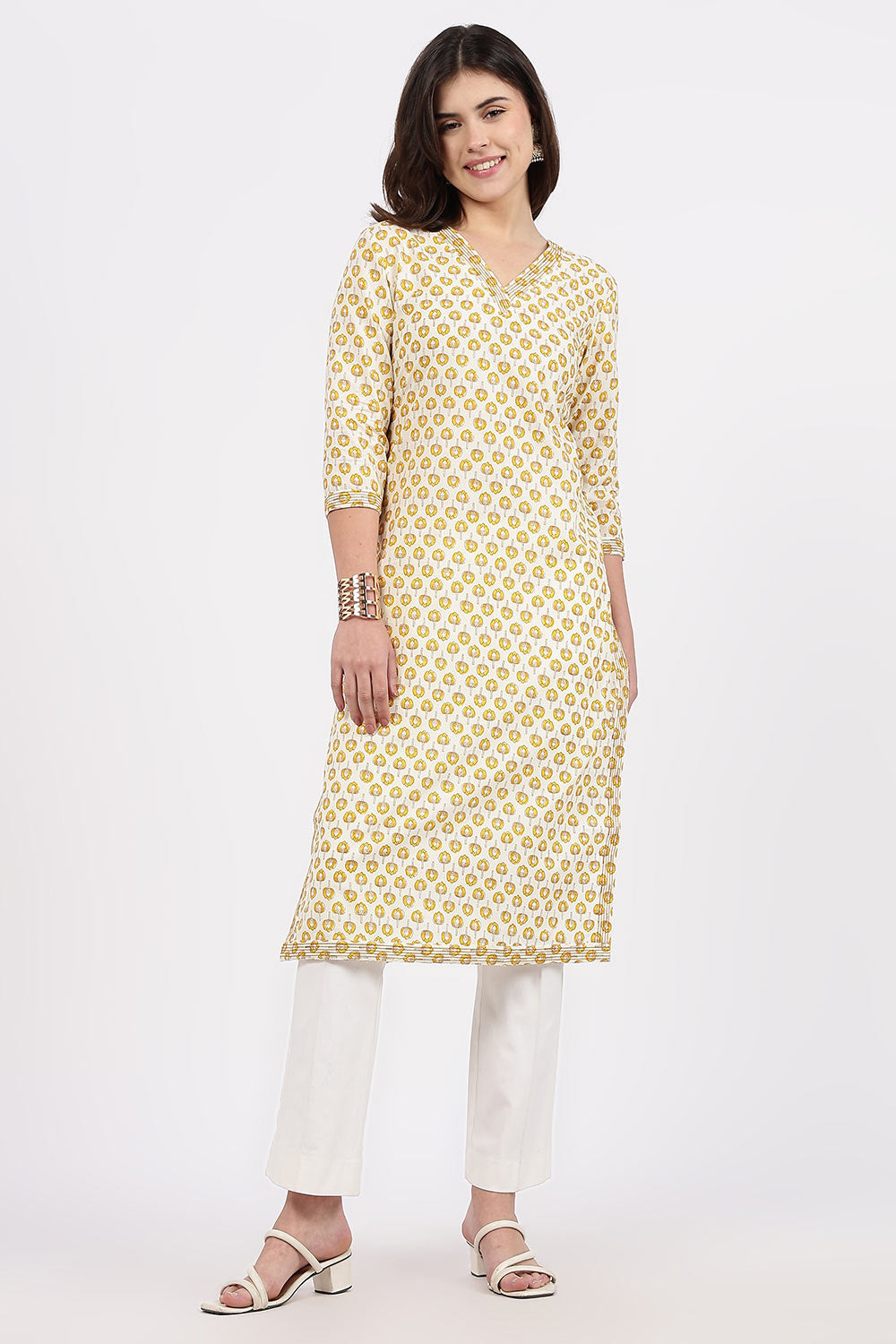 Mythri Women’s Straight Fit Cotton-Blend Kurthi | Crossover V-Neck, Embroidered Details & 3/4th Sleeves - K113