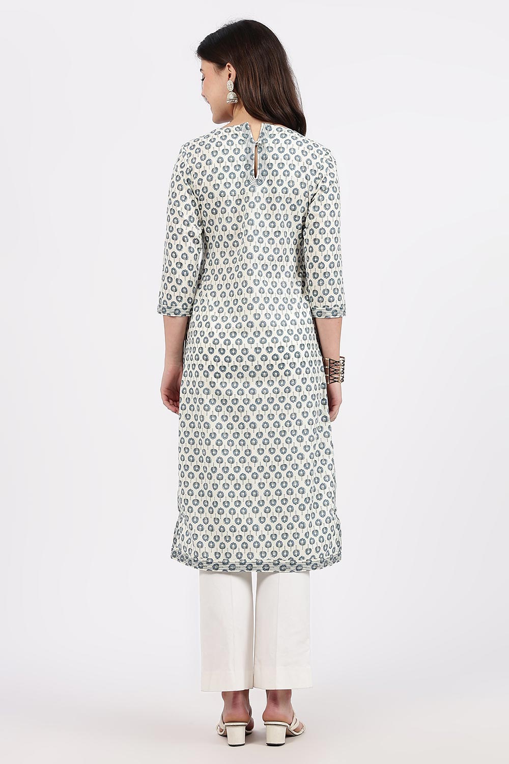 Mythri Women’s Straight Fit Cotton-Blend Kurthi | Crossover V-Neck, Embroidered Details & 3/4th Sleeves - K113