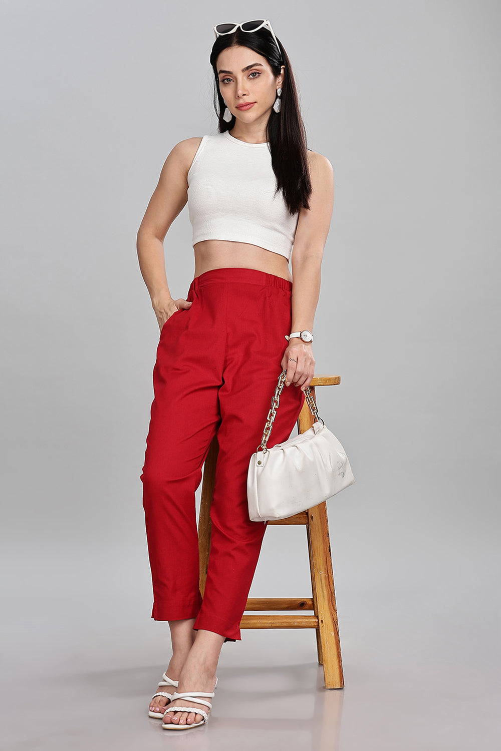 Mythri Women’s Straight Cotton-Blend Pants | Soft Handfeel, Drawstring Waist & Hem Slit - P002